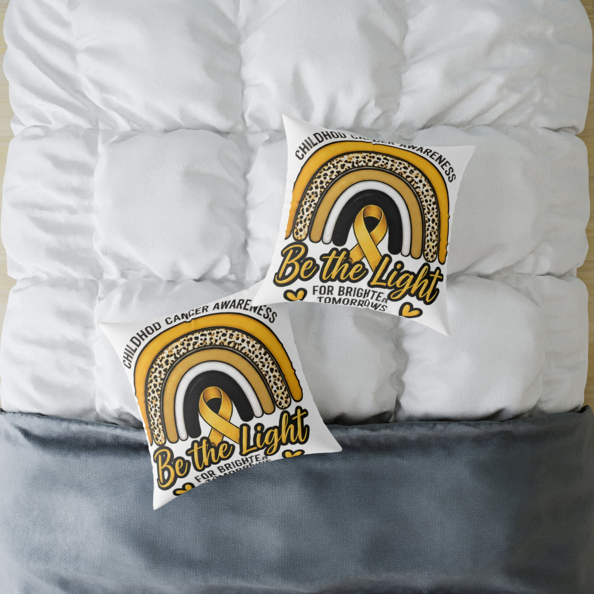 Childhood Cancer Awareness Pillow – "Be the Light" Gold Ribbon Square Pillow
