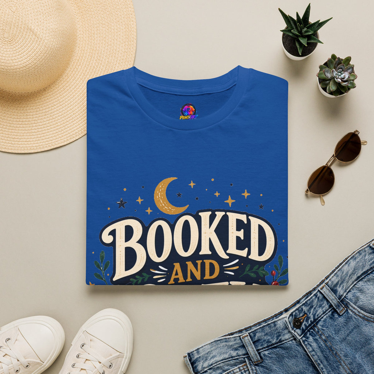 Booked and Cozy T-Shirt — Cozy Reading Graphic Tee (Books, Moon & Stars)