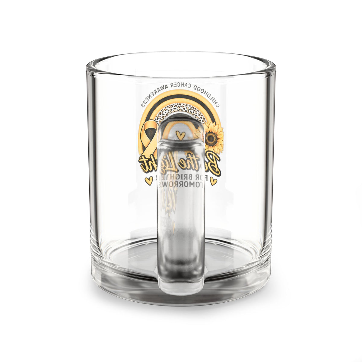 Childhood Cancer Awareness Glass Mug — "Be the Light" Sunflower Ribbon 10oz