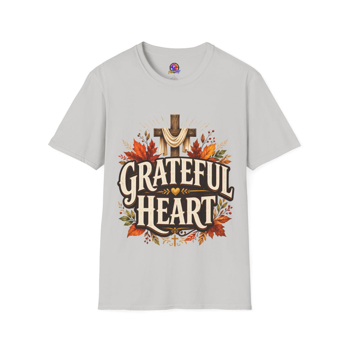 Thanksgiving T-Shirt Grateful Heart T-Shirt — Christian Cross & Autumn Leaves Thanksgiving Tee