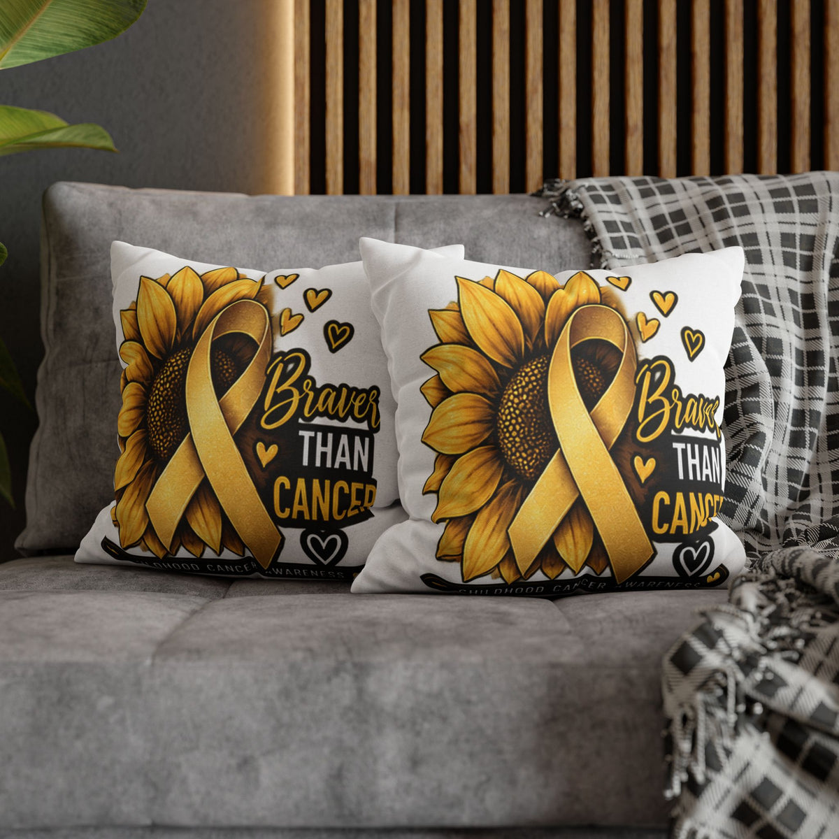 Childhood Cancer Brave Than Cancer Sunflower Ribbon Square Pillowcase