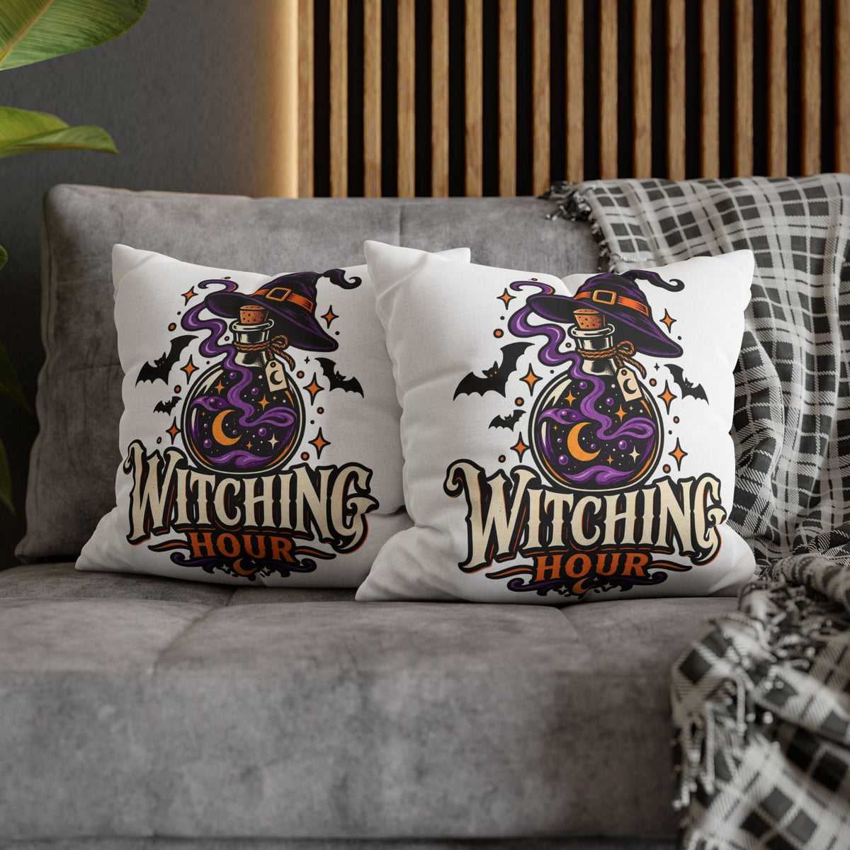 Witching Hour Square Pillowcase – Halloween Potion Witch Hat Throw Pillow Cover