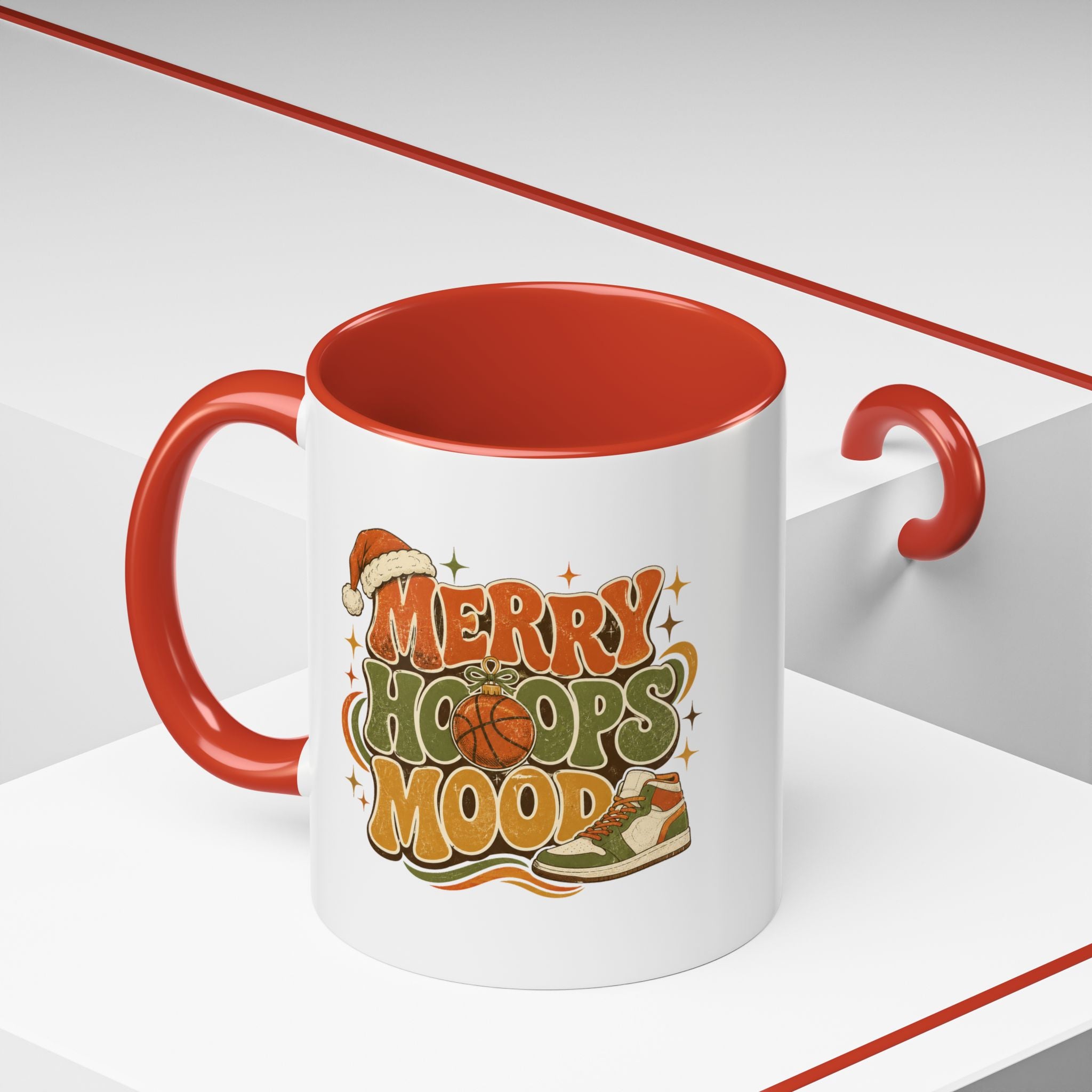 Modern Day Christmas Merry Hoops Mood Accent Coffee Mug — Retro Basketball Christmas Design