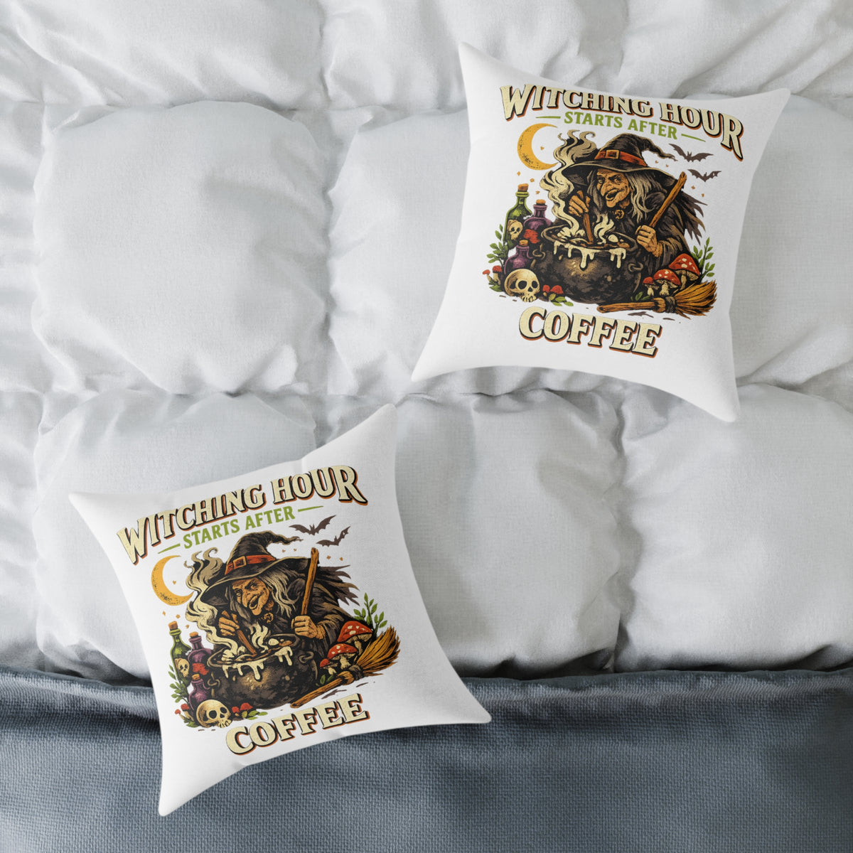 Halloween Witch Coffee Pillow — "Witching Hour Starts After Coffee" Square Throw Pillow