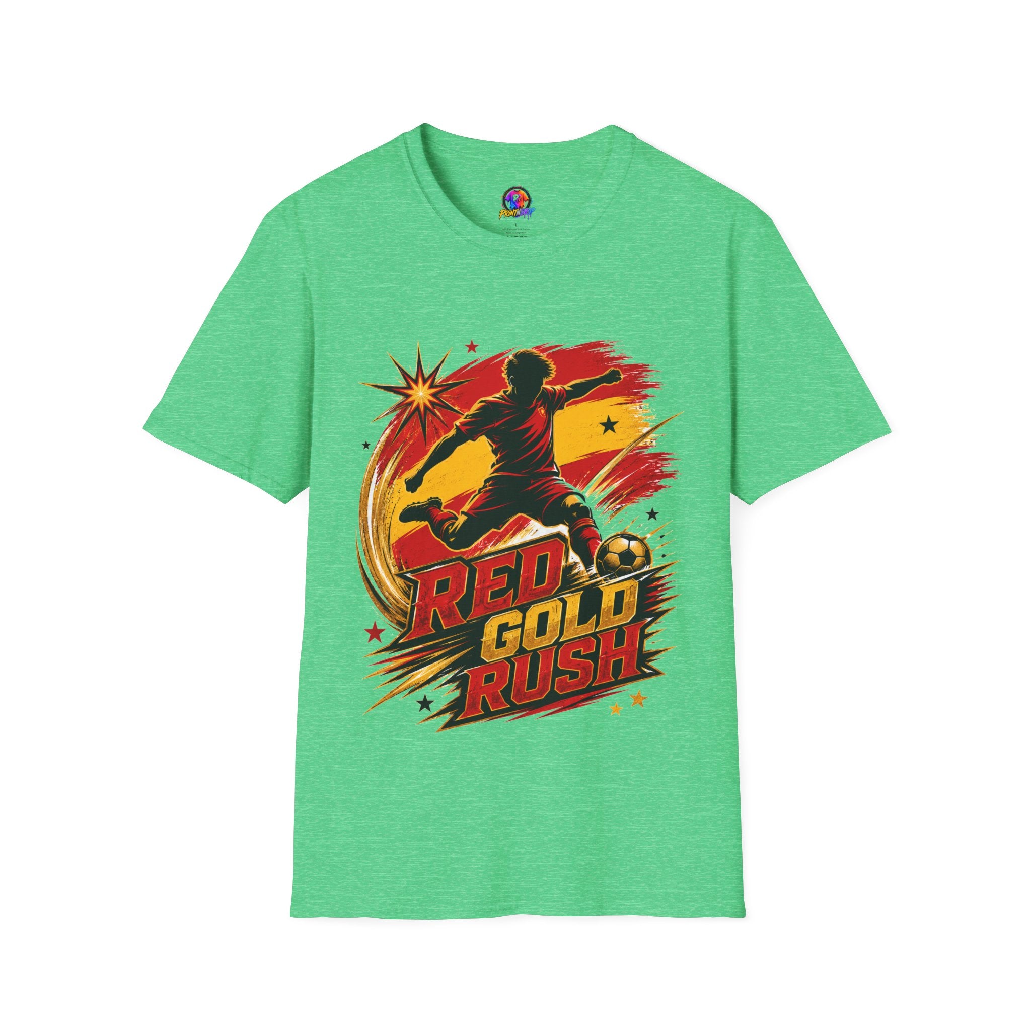 Spain Red & Gold Rush Soccer T-Shirt — Retro Soccer Player Graphic