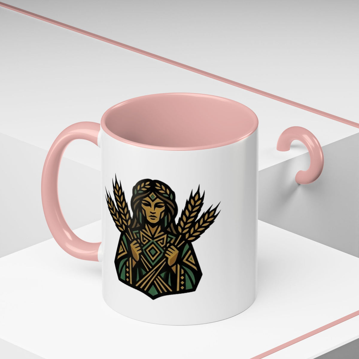 Virgo Zodiac Harvest Goddess Accent Coffee Mug — Rustic Wheat & Earthy Green Tribal Design