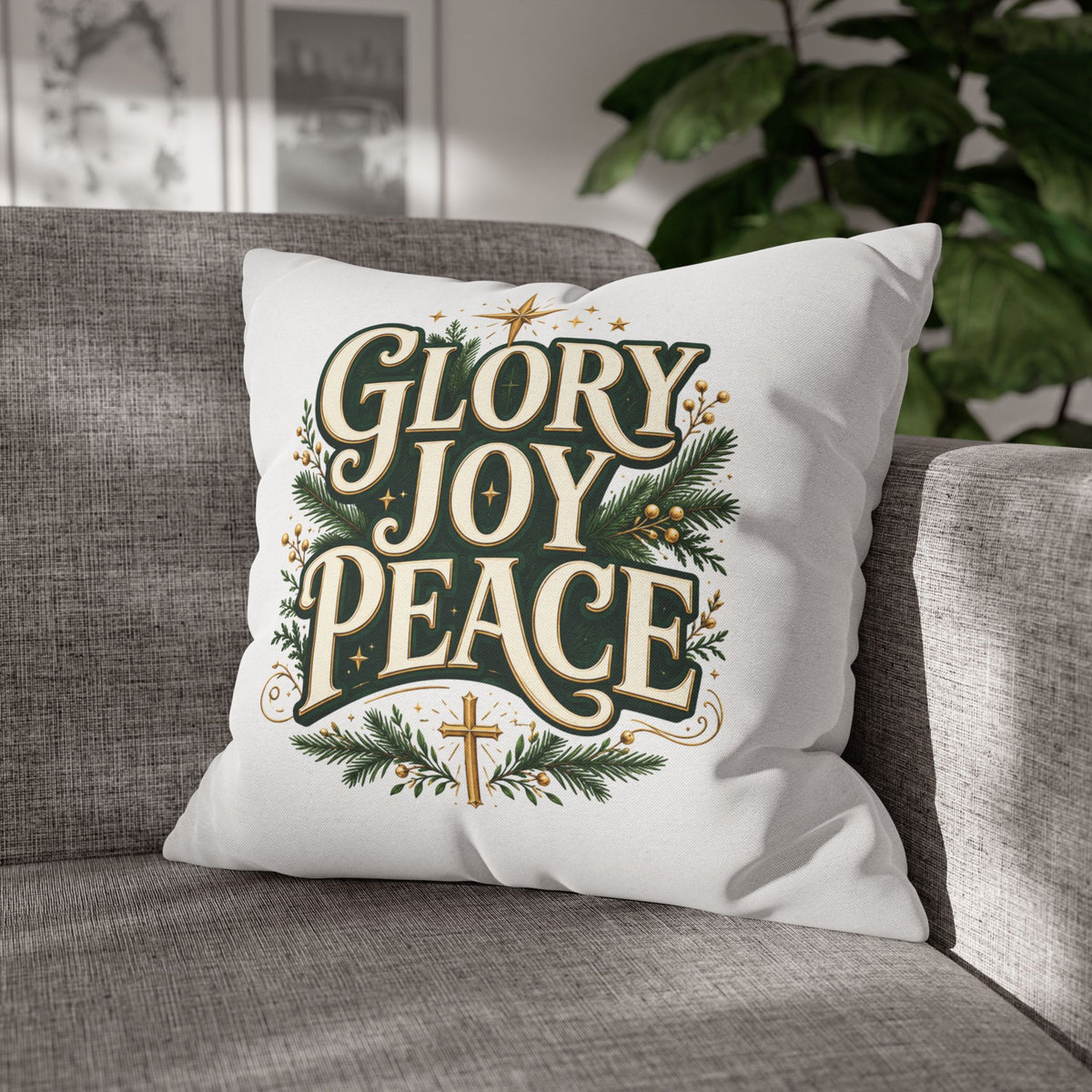 Christmas Pillowcase — "Glory Joy Peace" Decorative Holiday Throw Pillow Cover