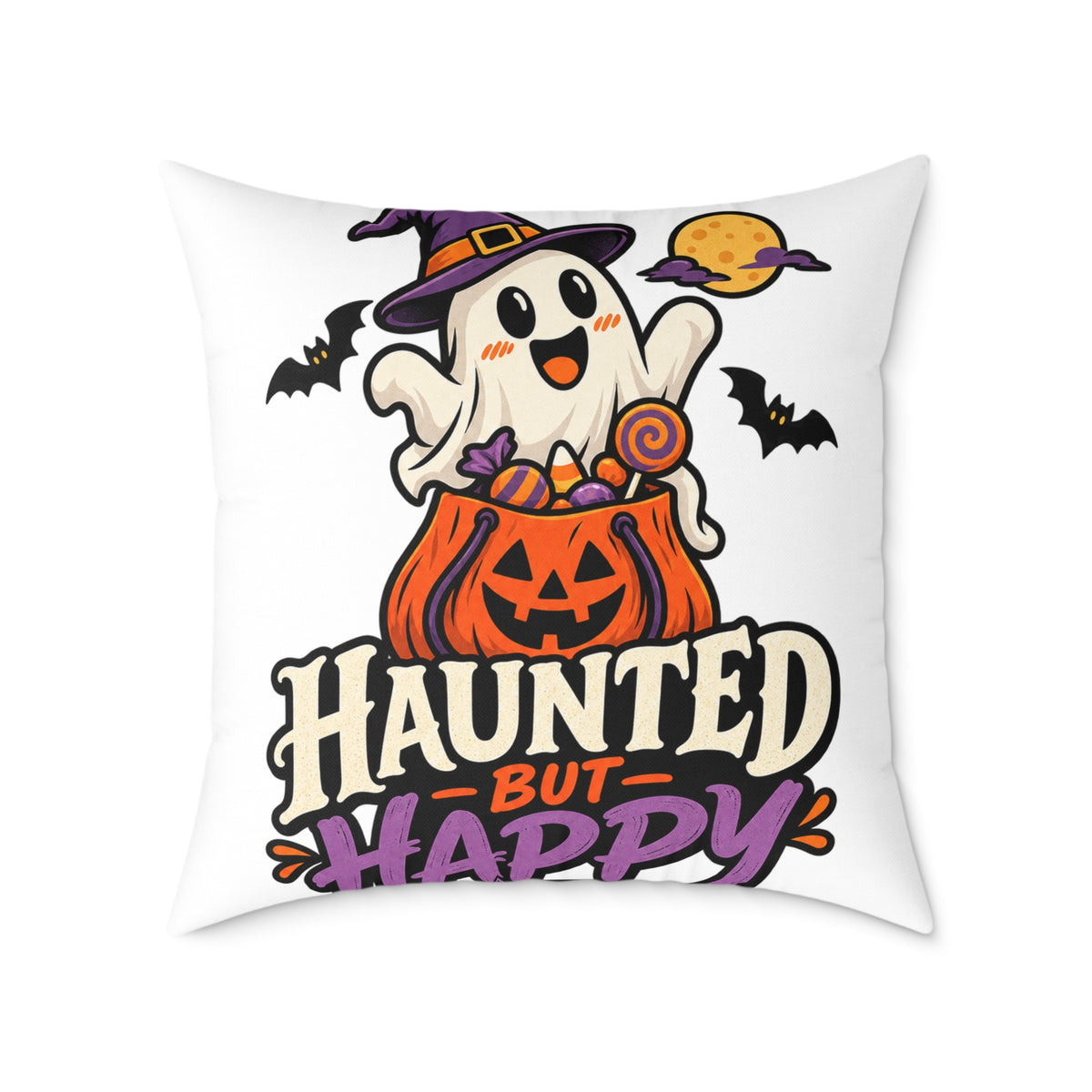 Halloween Ghost Pumpkin Pillow — "Haunted But Happy" Square Throw Pillow