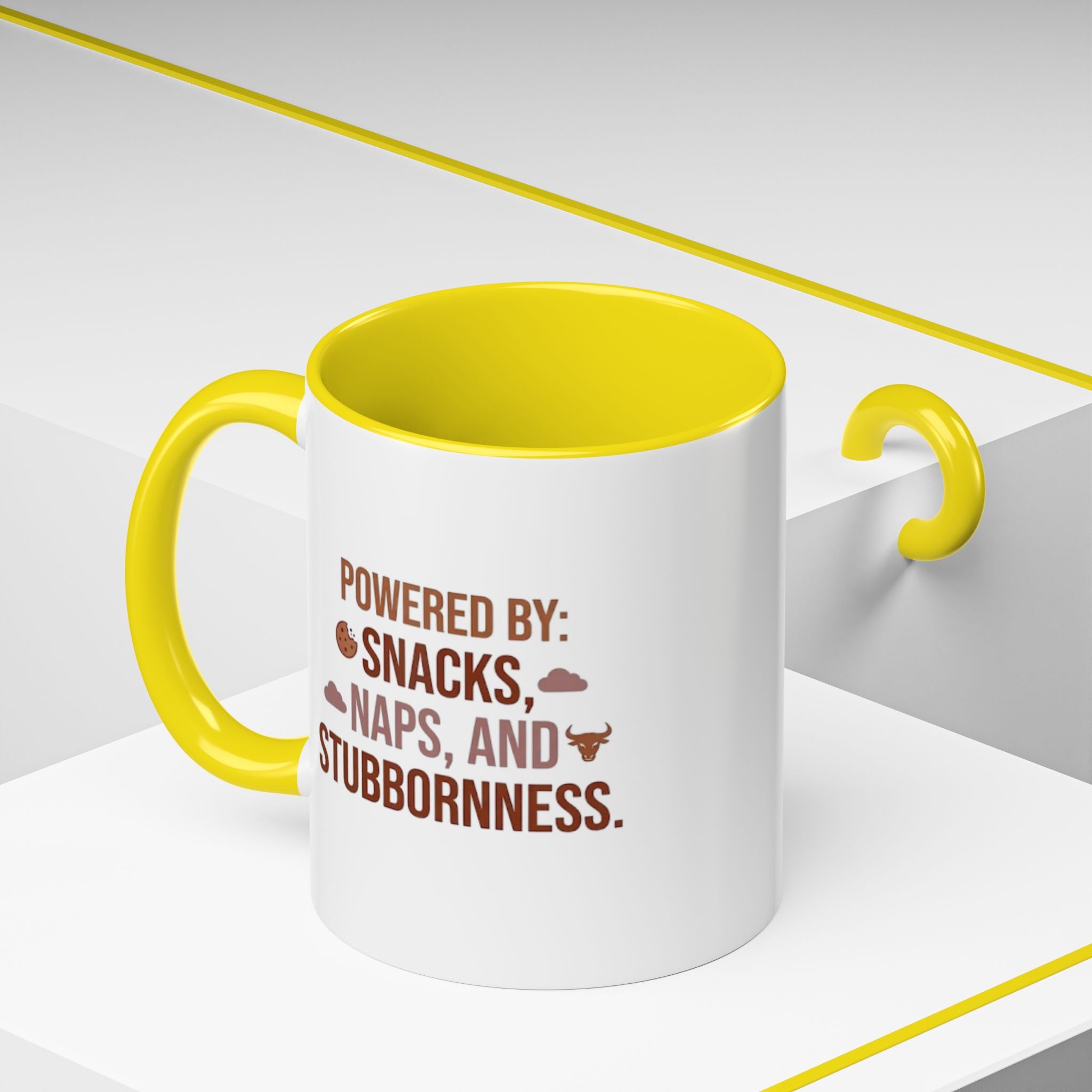 Coffee Mug — "Powered by: Snacks, Naps, and Stubbornness" Ceramic Accent Mug