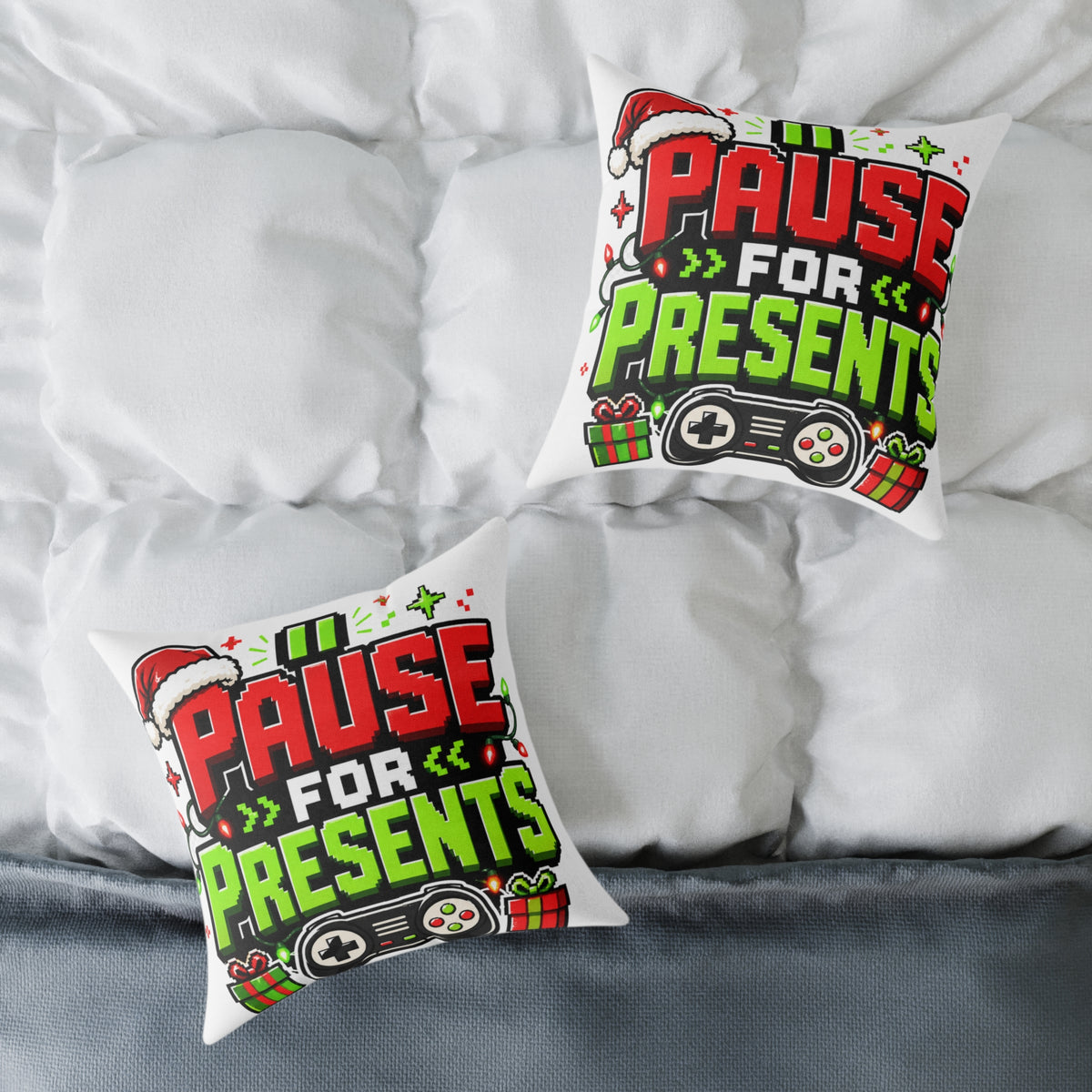 Modern Day Christmas Holiday Gamer Pillow — "Pause for Presents" Christmas Gaming Throw Pillow
