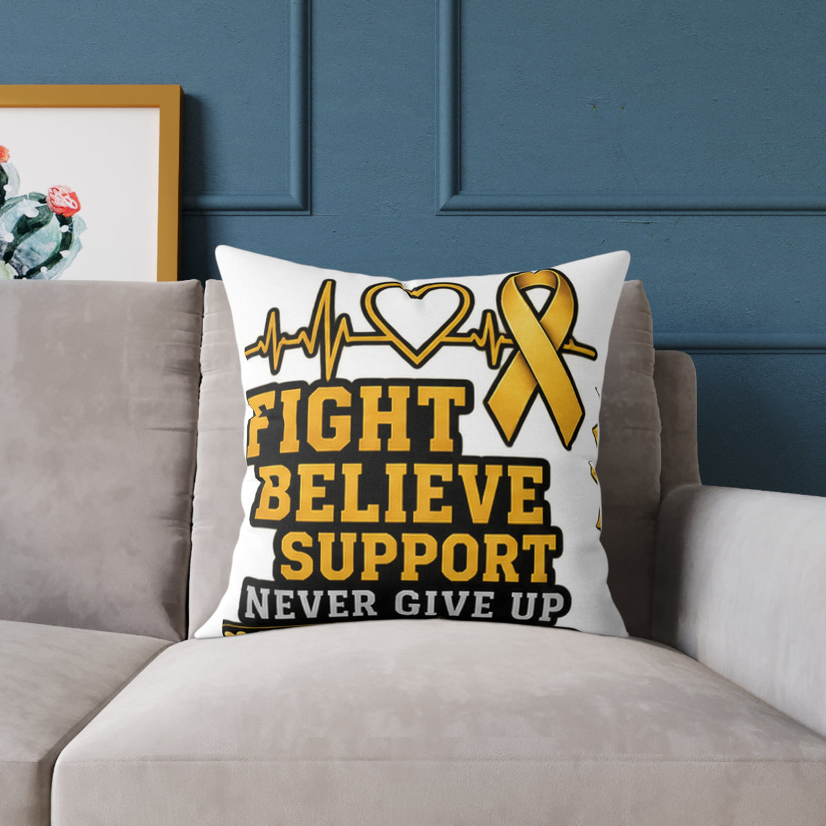Childhood Cancer Awareness Pillow - "Fight Believe Support Never Give Up" Gold Ribbon Accent