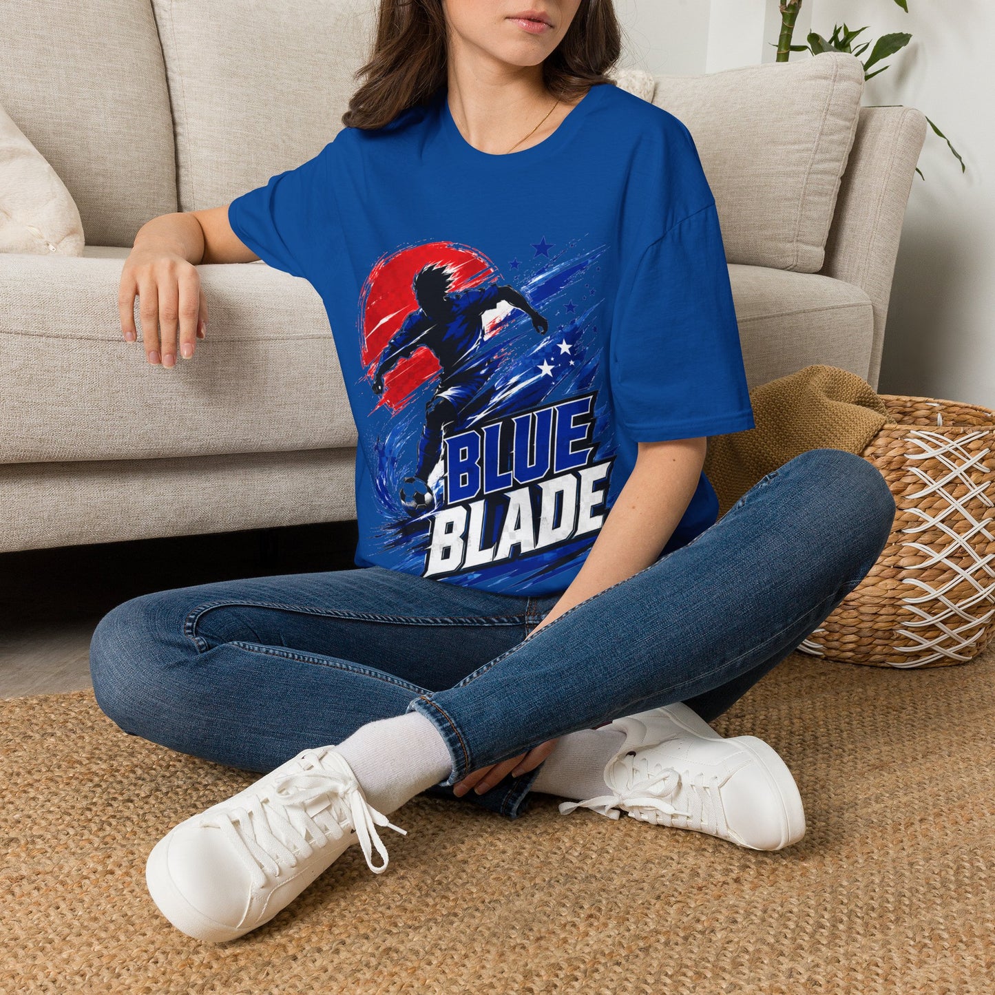 Japan T-Shirt — Blue Blade Soccer Graphic Tee (Red & Blue Starburst)