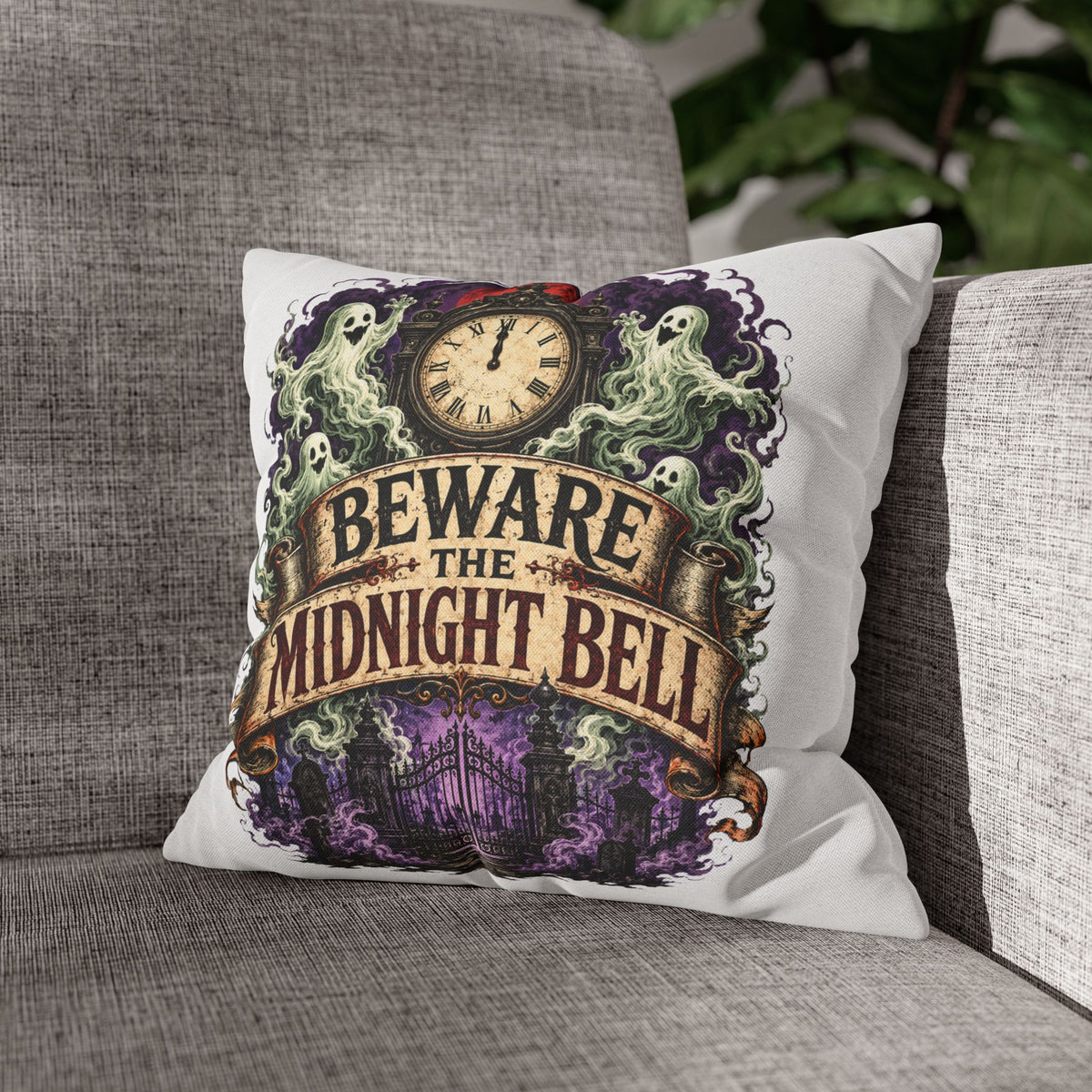 Halloween Beware the Midnight Bell Pillowcase — Haunted Clock & Ghosts Decorative Throw Pillow