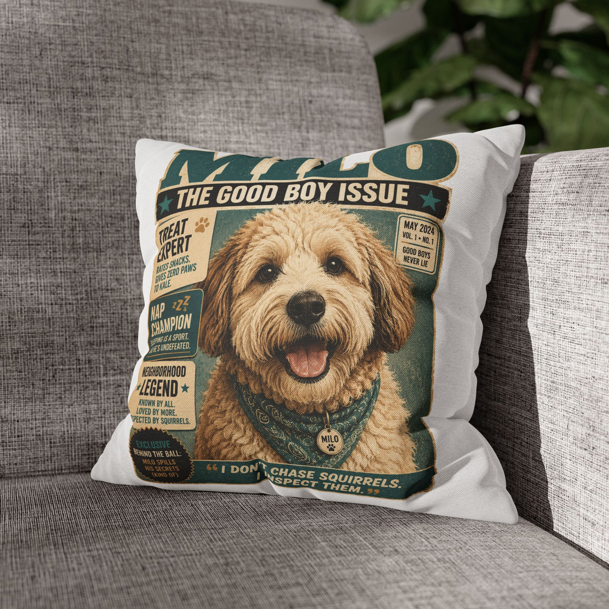 Dog Magazine Cover Pillowcase Milo Bailey Dog Dad Mom– "Milo: The Good Boy Issue" Decorative Throw Pillow