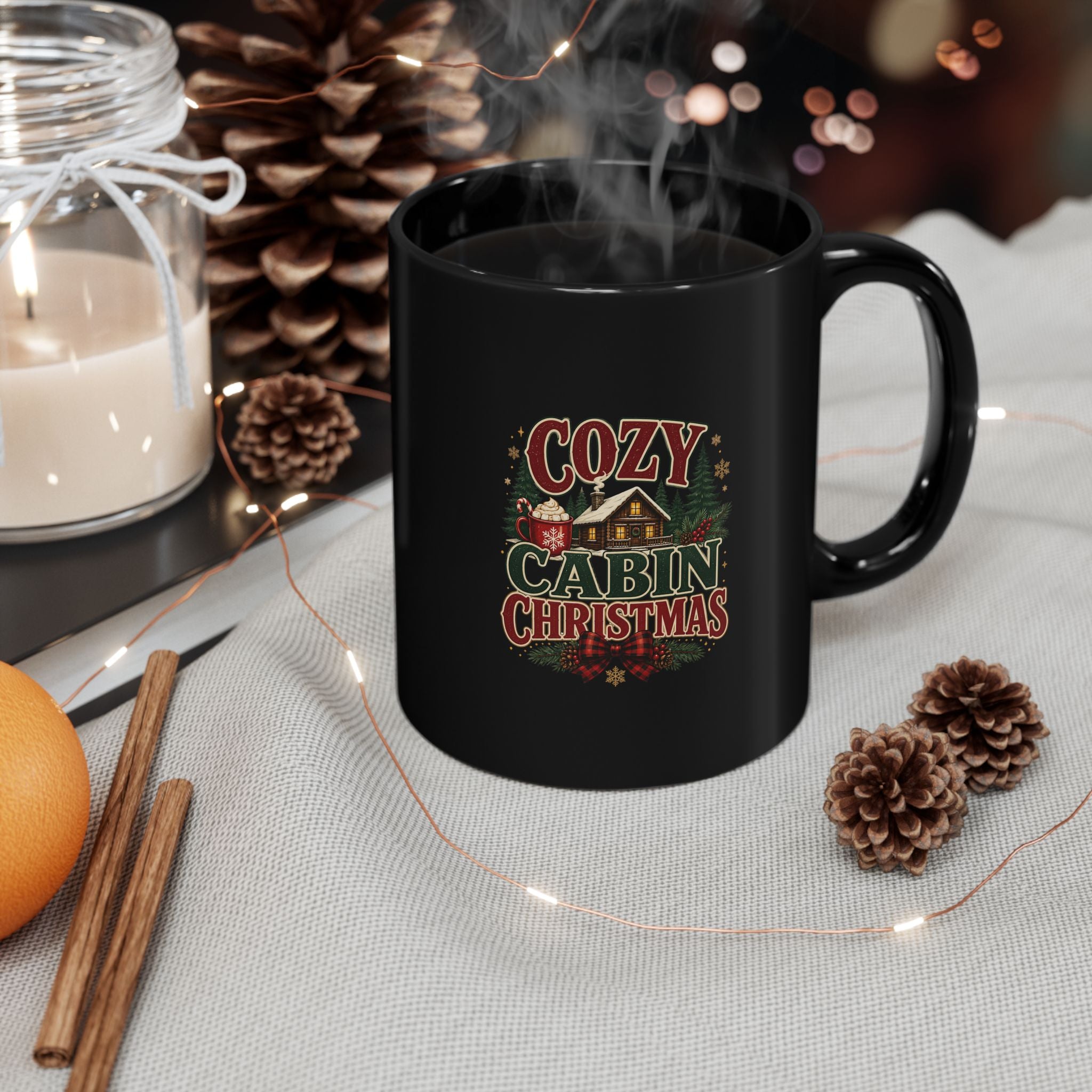 Cozy Cabin Christmas Mug — Black Holiday Coffee Cup