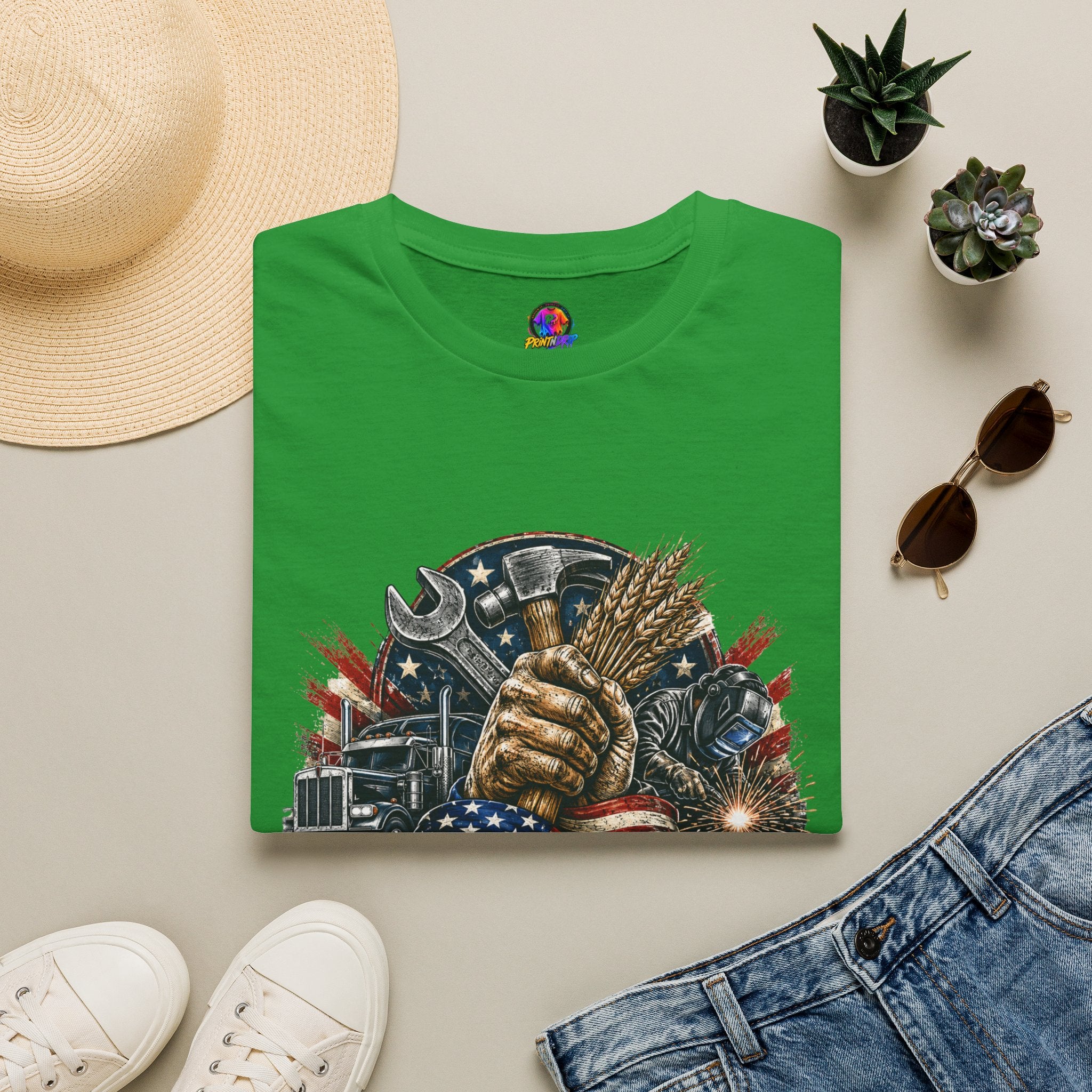 Freedom Runs on Working Hands T-Shirt — Patriotic Mechanic Tool & Wheat Design