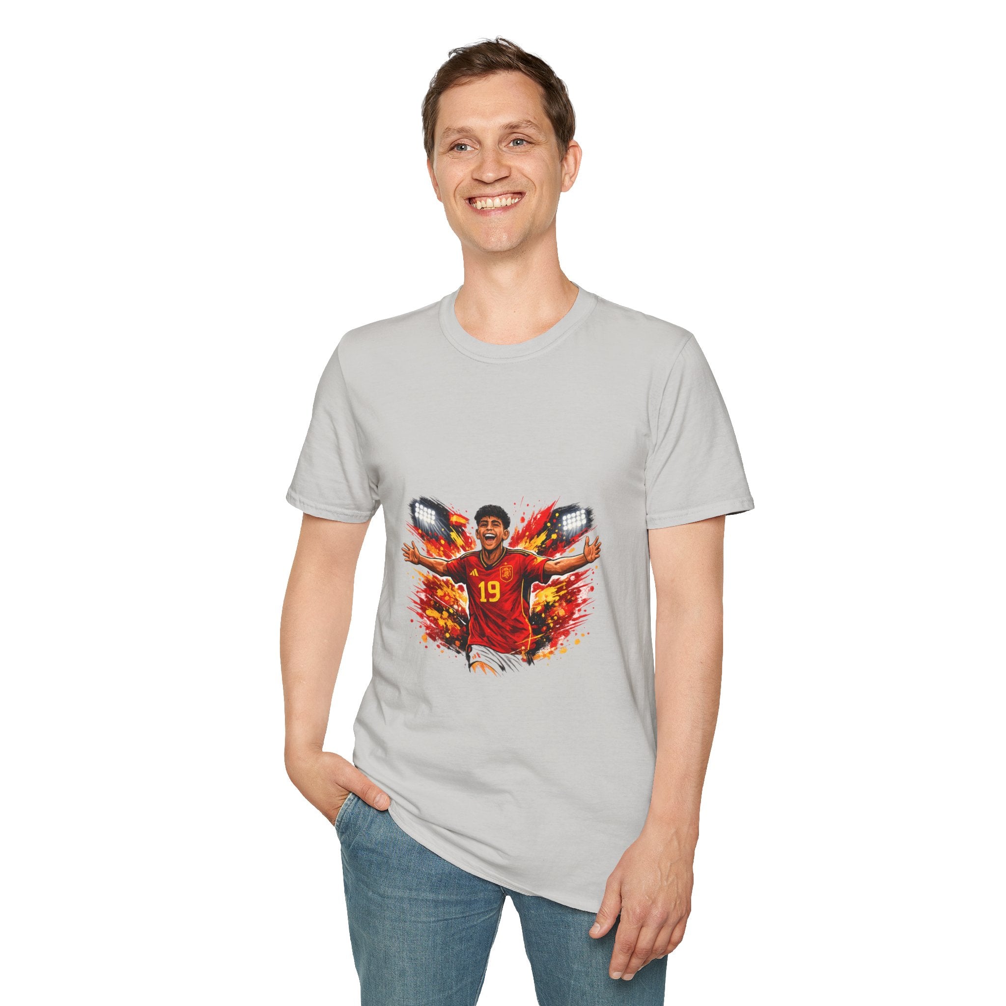 Spain Soccer Fan Portrait T‑Shirt – Fiery Goal Celebration Design