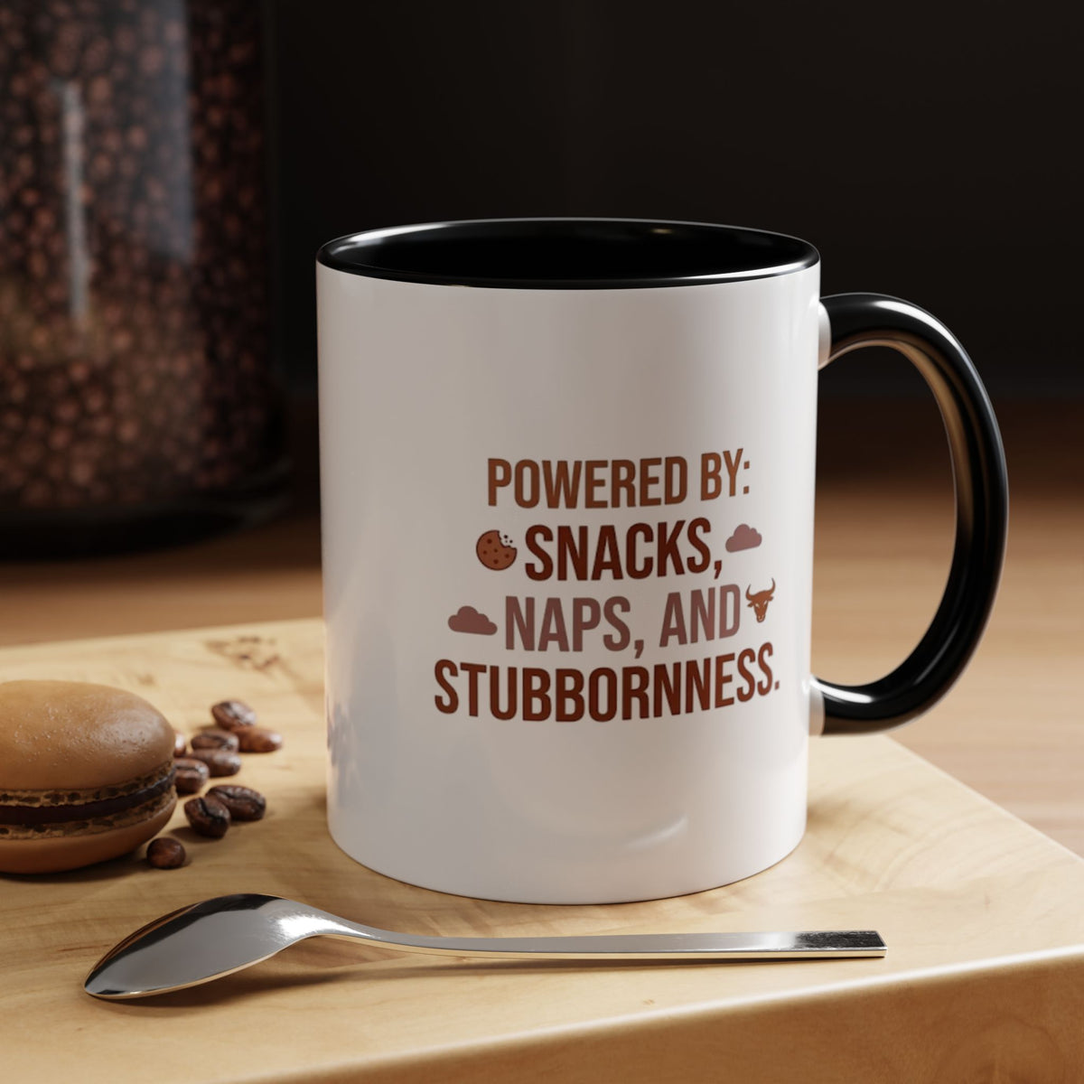 Taurus Coffee Mug - "Powered by Snacks, Naps, and Stubbornness" Accent Ceramic Mug