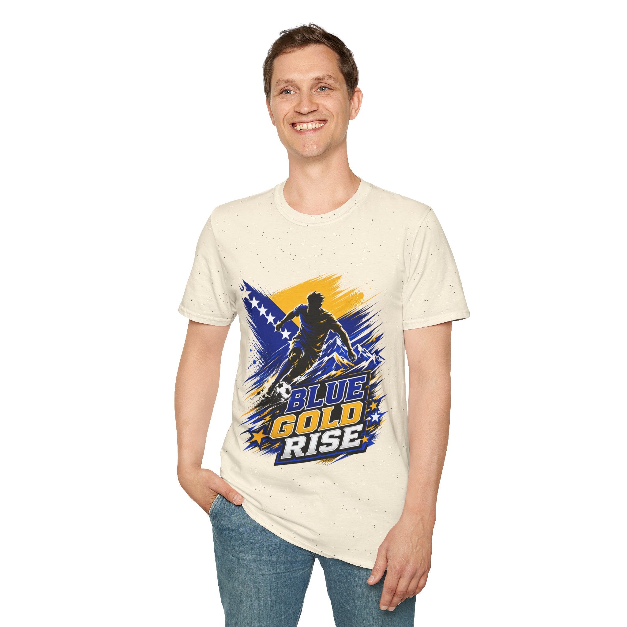 Bosnia Football T‑Shirt - "Blue Gold Rise" Soccer Graphic Tee