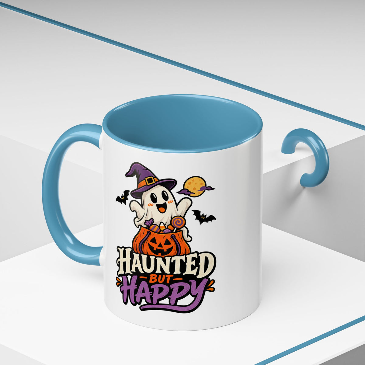 Haunted But Happy Coffee Mug — Halloween Ghost Pumpkin Accent Mug (11/15oz)