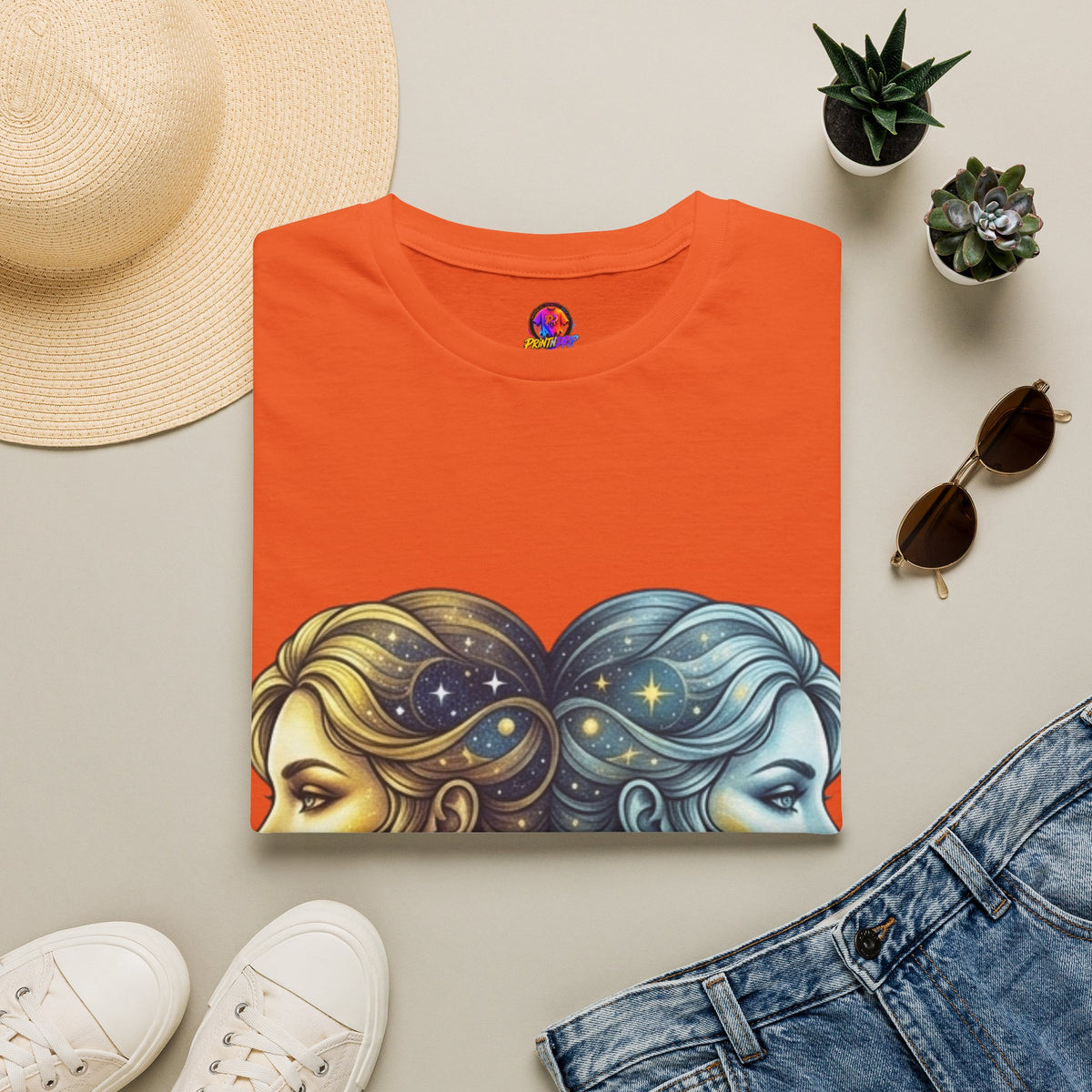 Zodiac Gemini Sun & Moon T-Shirt — Dual Faces Cosmic Design