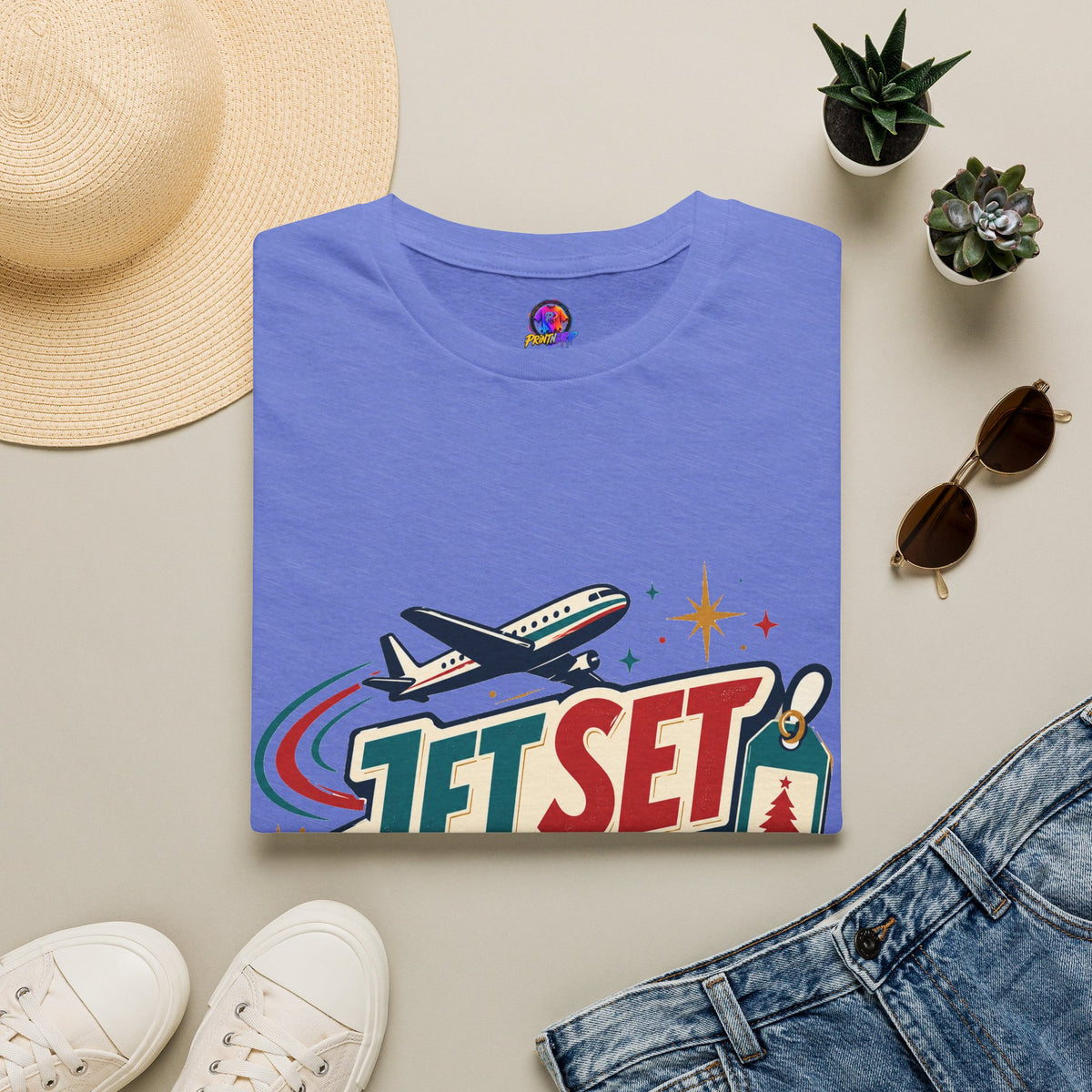 Jet Set Jingle Travel T-Shirt — Retro Airplane Vacation Graphic