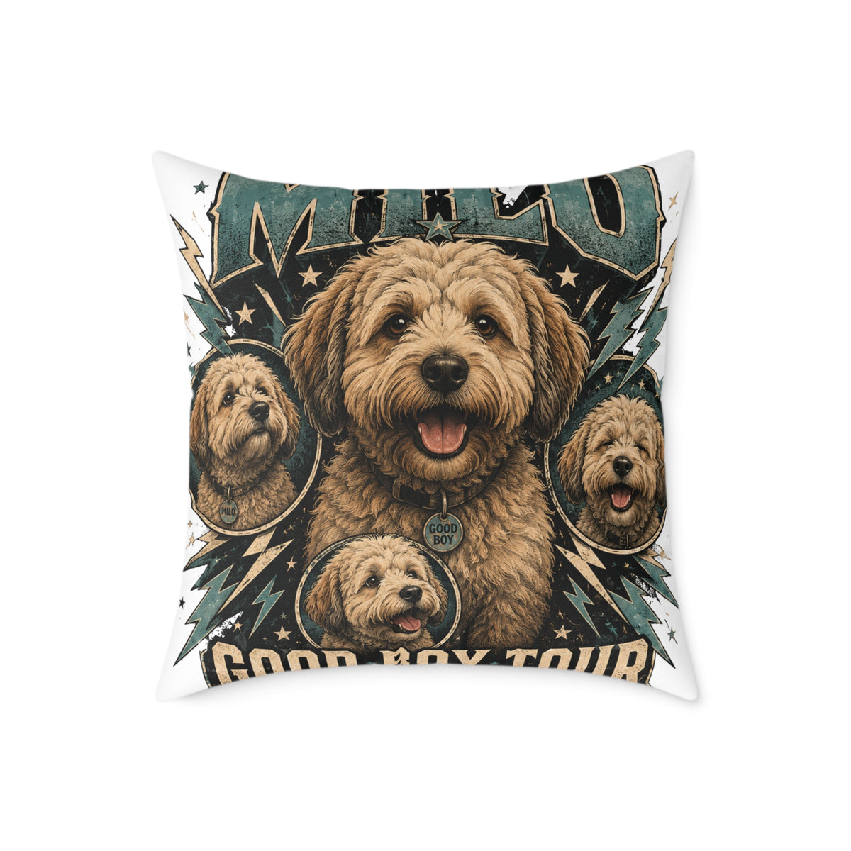 Milo Golden Doodle Band Tour Square Pillow  Milo Bailey Dog Dad Mom— Retro Dog Portrait Decorative Throw