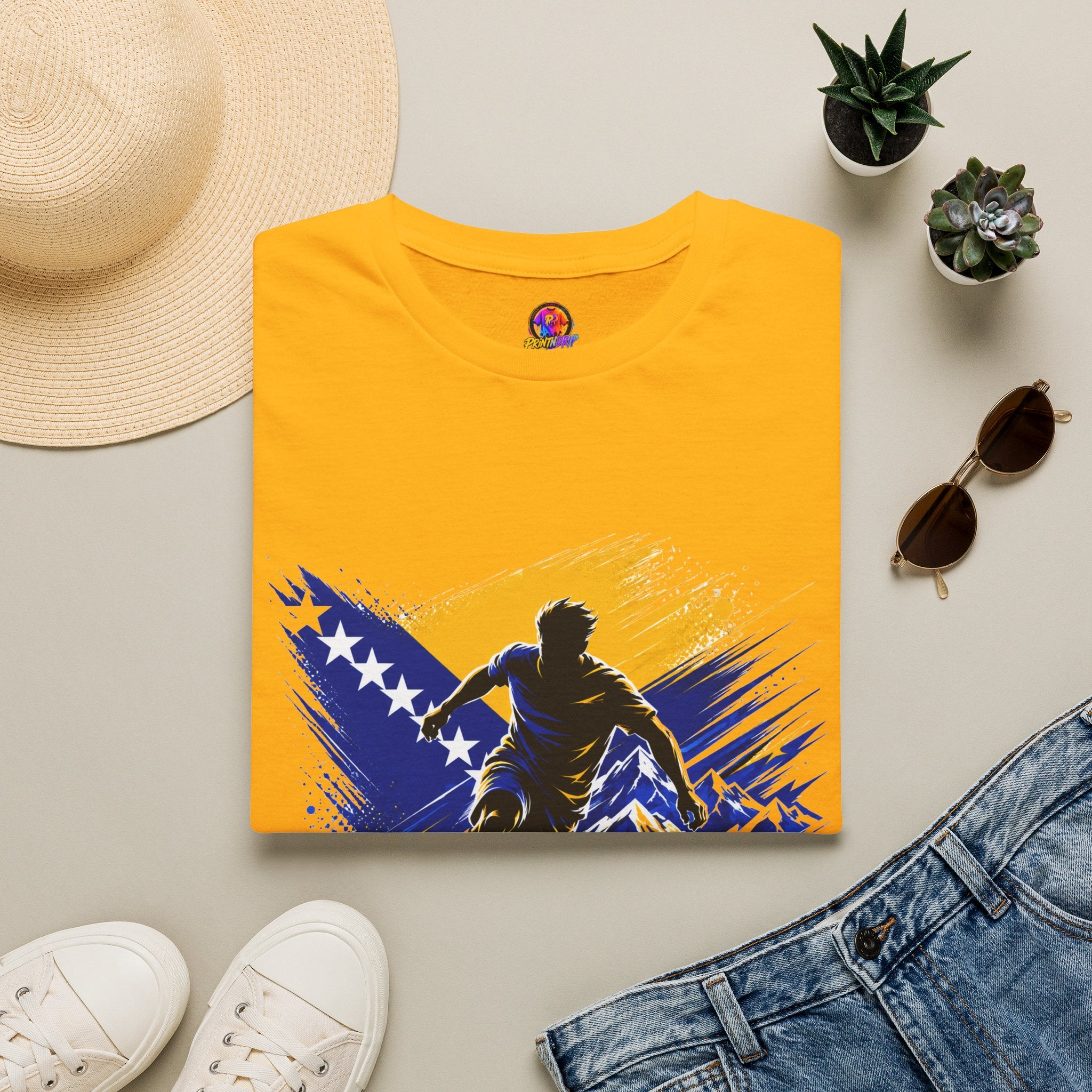 Bosnia Football T‑Shirt - "Blue Gold Rise" Soccer Graphic Tee