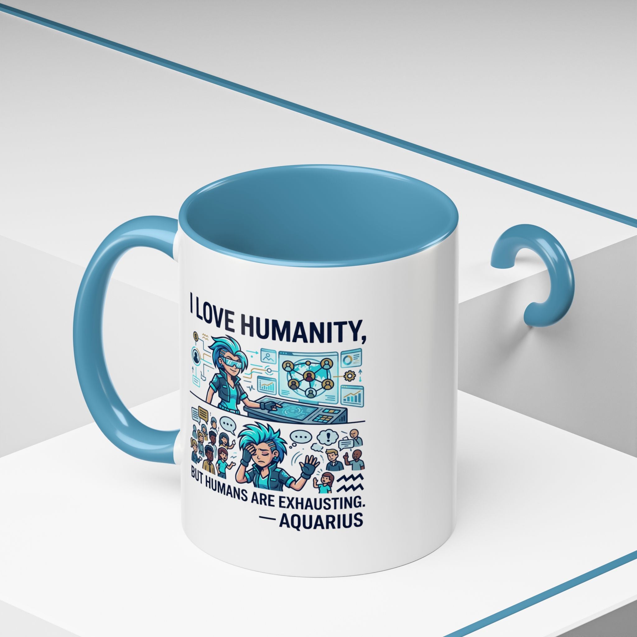 Aquarius Zodiac Coffee Mug — "I Love Humanity, But Humans Are Exhausting" Accent Mug