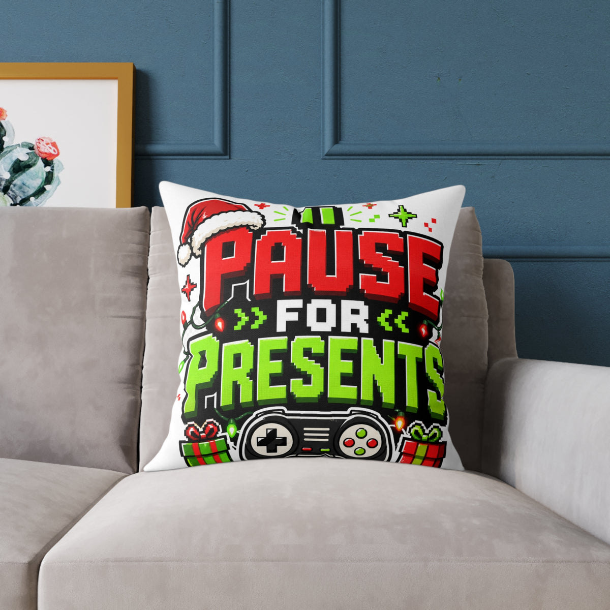 Modern Day Christmas Holiday Gamer Pillow — "Pause for Presents" Christmas Gaming Throw Pillow