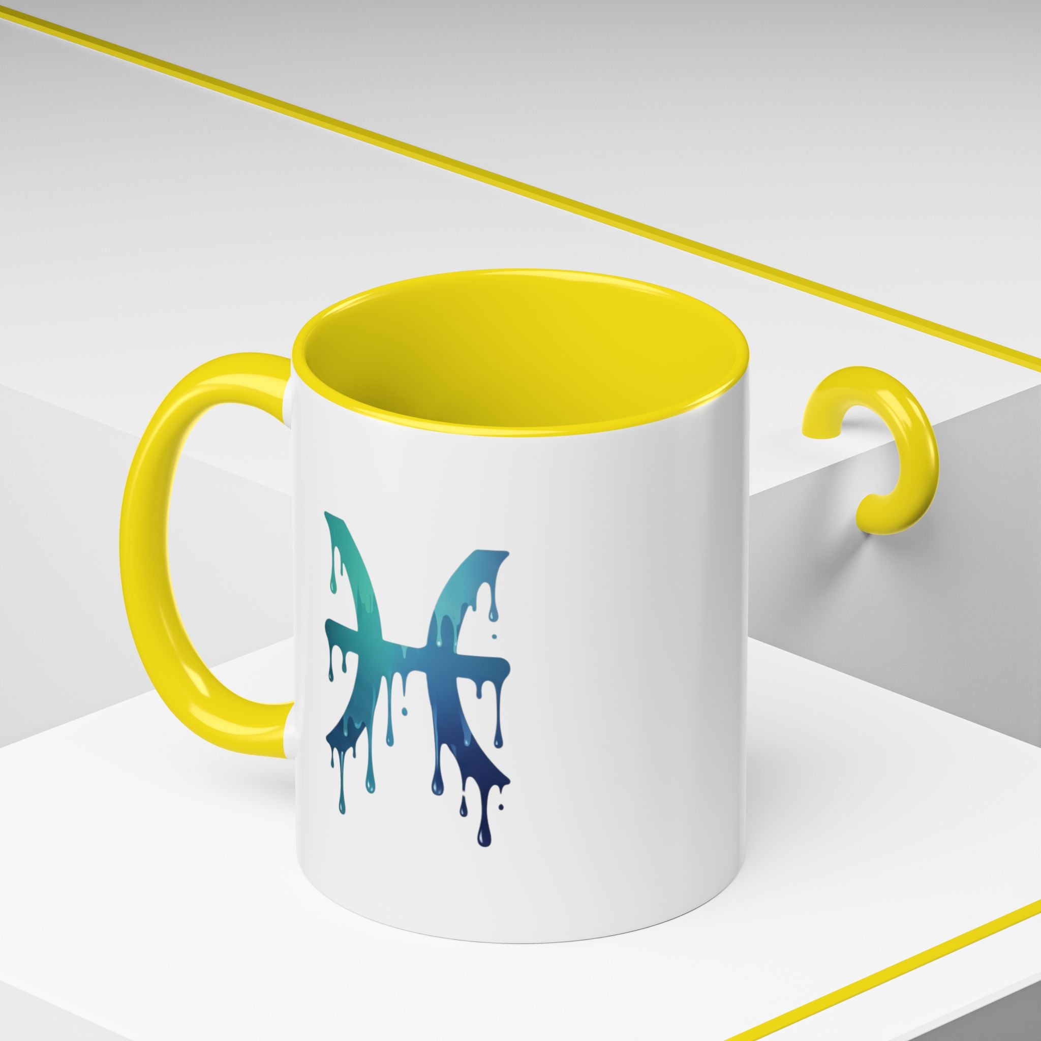 Pisces Zodiac Accent Coffee Mug — Dripping Teal Blue Astrology Gift