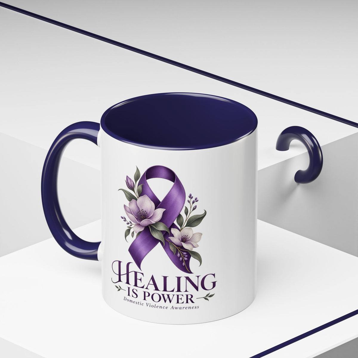 Healing Is Power Purple Ribbon Coffee Mug — Domestic Violence Awareness Accent Mug (11/15oz)
