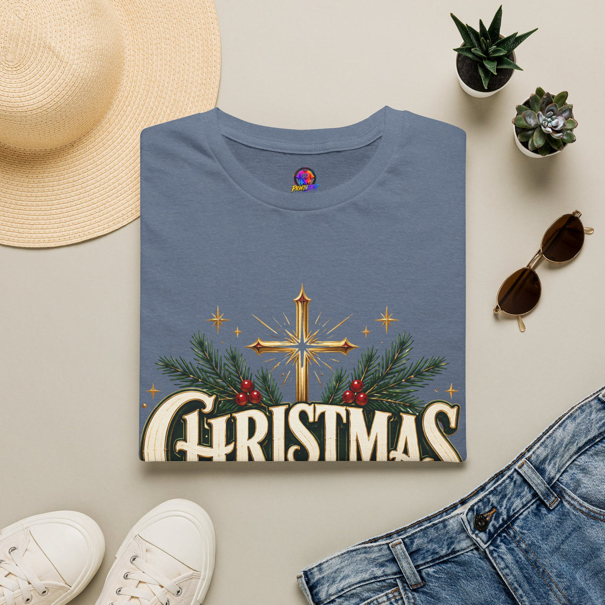 Christmas Blessed T-Shirt — Faith-Based Holiday Tee with Cross & Pine Design