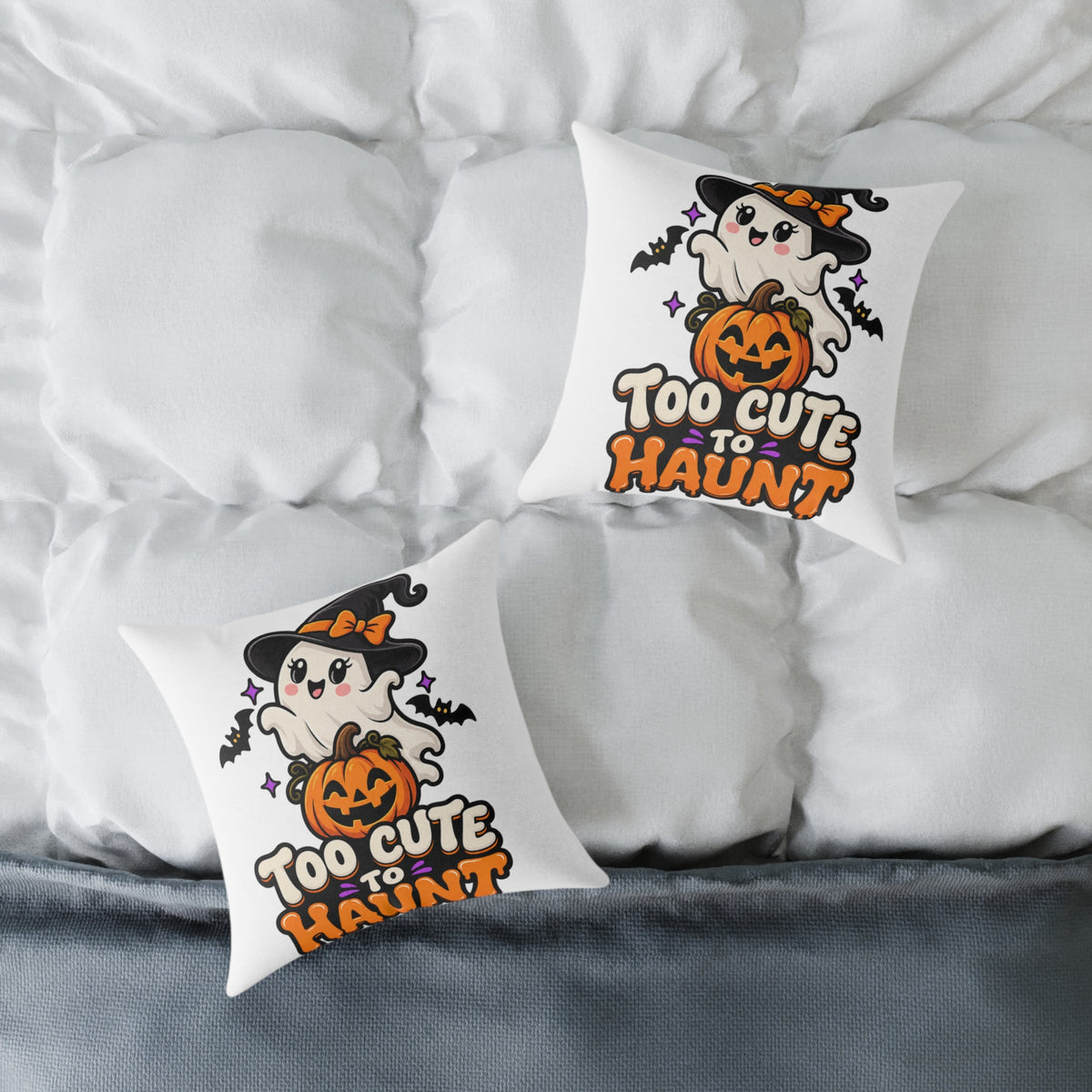 Halloween Ghost Pillow — "Too Cute to Haunt" Cute Pumpkin Decor