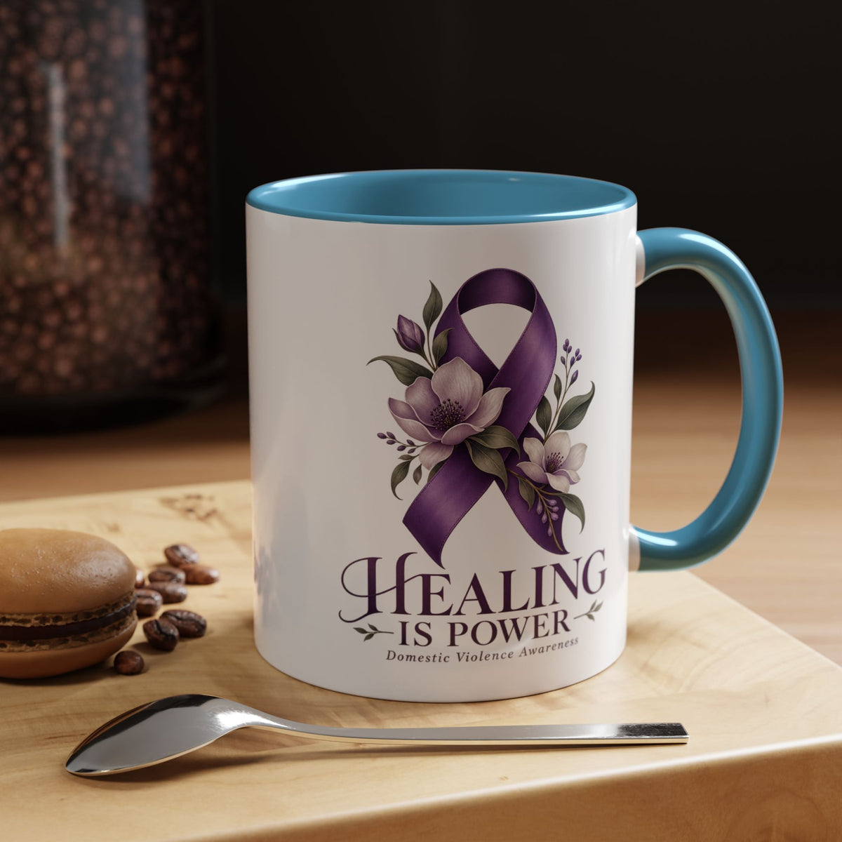Healing Is Power Purple Ribbon Coffee Mug — Domestic Violence Awareness Accent Mug (11/15oz)