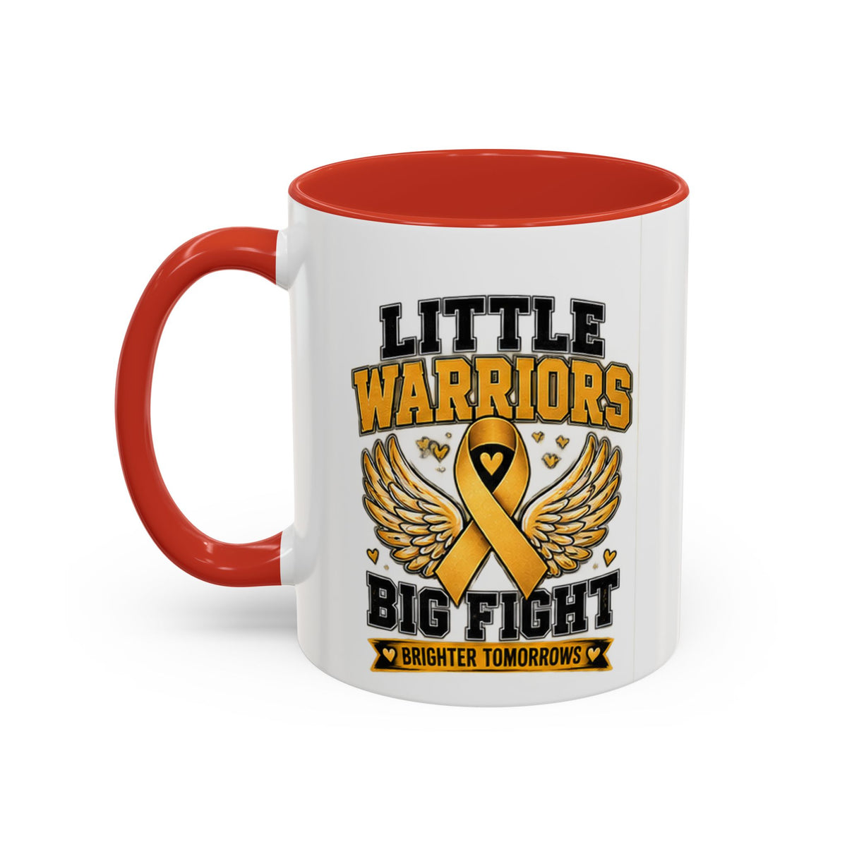 Little Warriors Big Fight Childhood Cancer Awareness Coffee Mug — Gold Ribbon Support Accent Mug