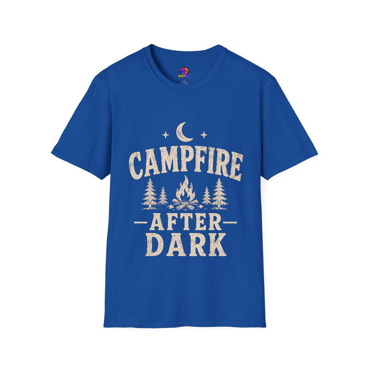 Campfire After Dark T-Shirt — Cozy Camping Moon & Trees Graphic