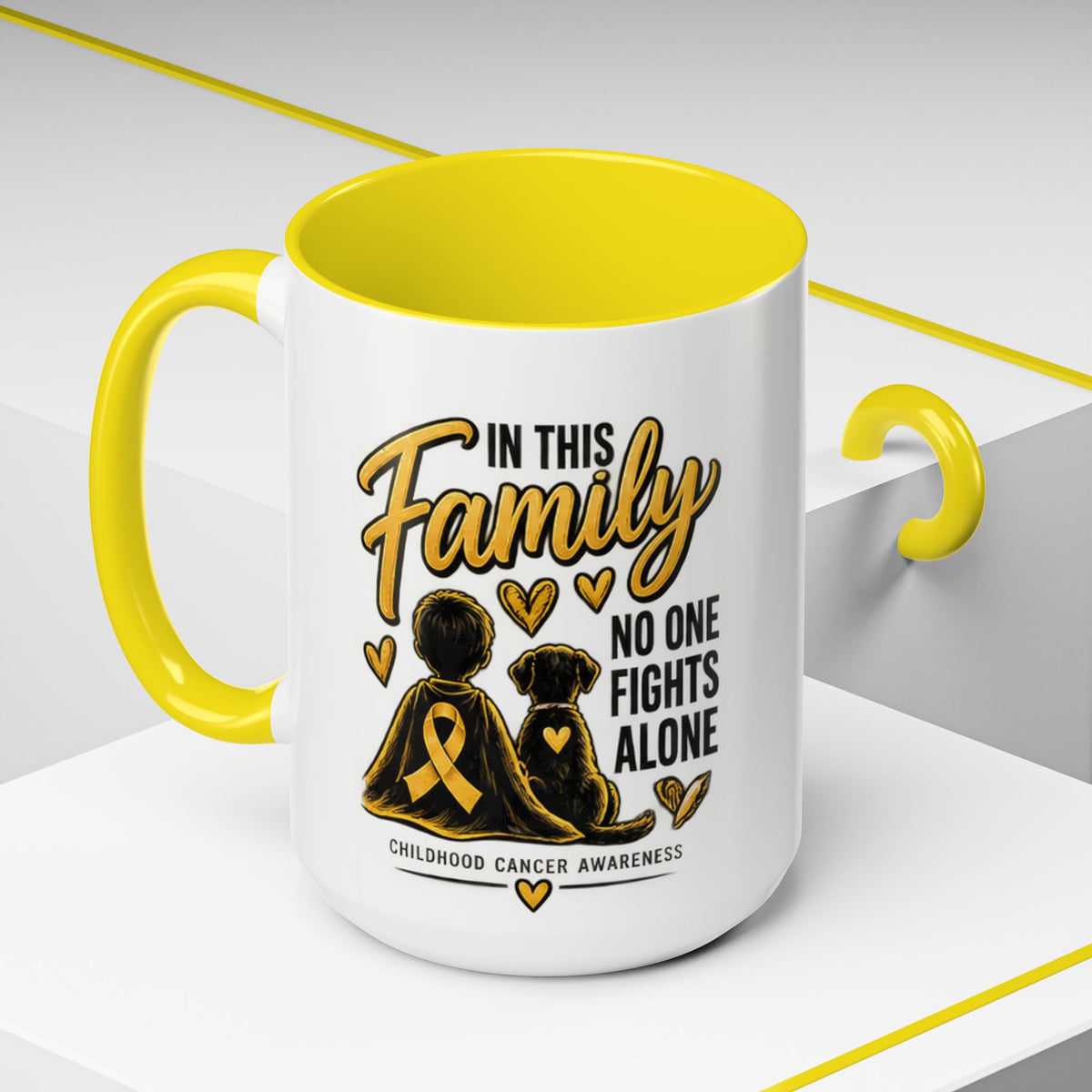 Childhood Cancer Awareness Accent Coffee Mug – "In This Family No One Fights Alone" (11/15oz)