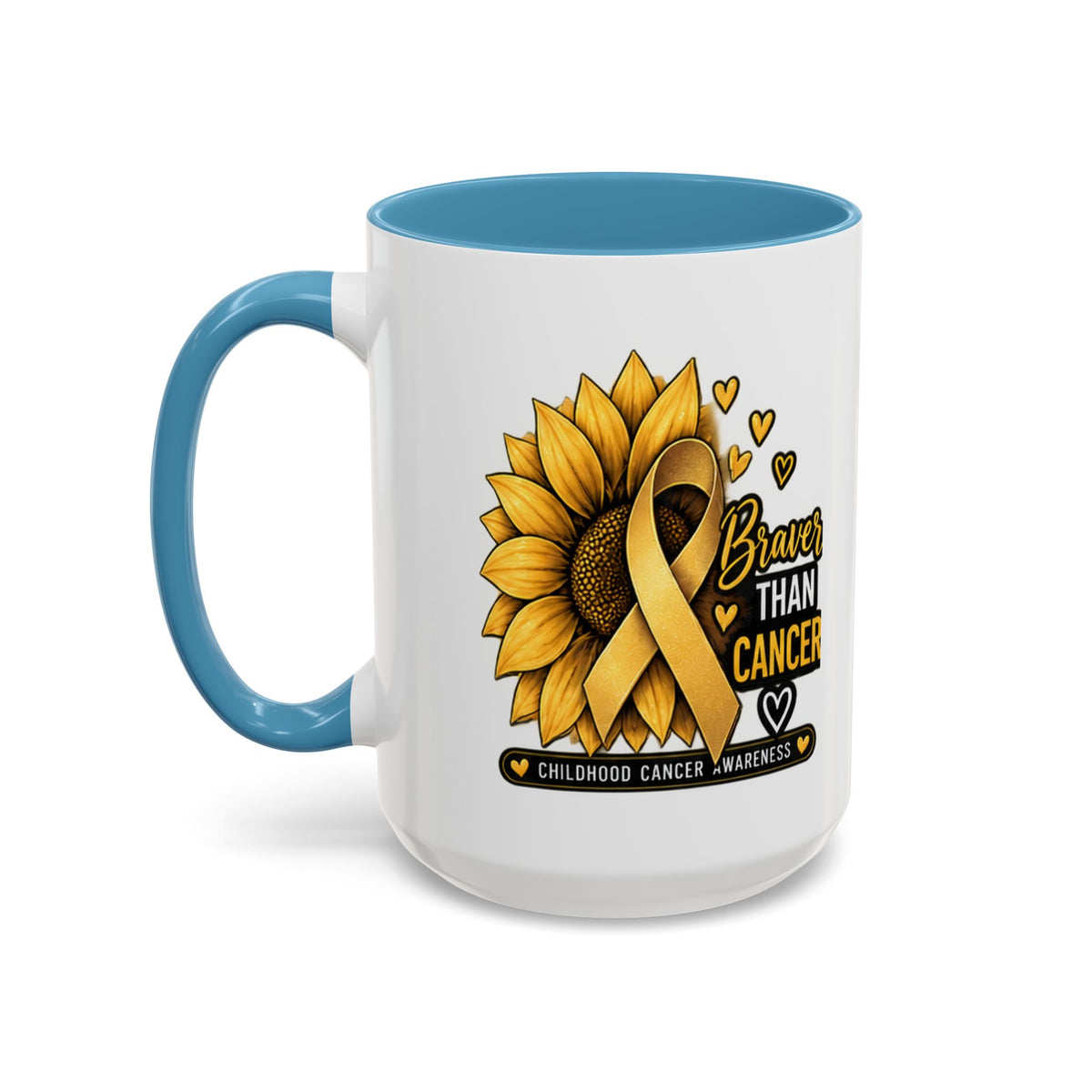 Childhood Cancer Awareness Mug — "Braver Than Cancer" Sunflower & Gold Ribbon