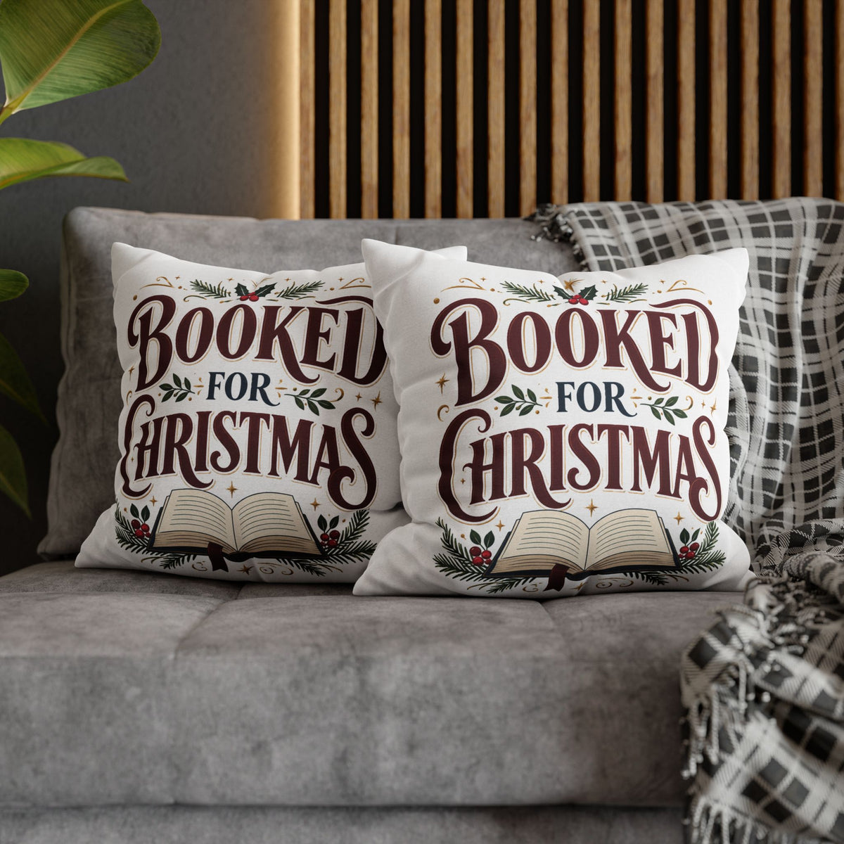 Booked for Christmas Square Pillowcase — Holiday Book Lover Throw Pillow