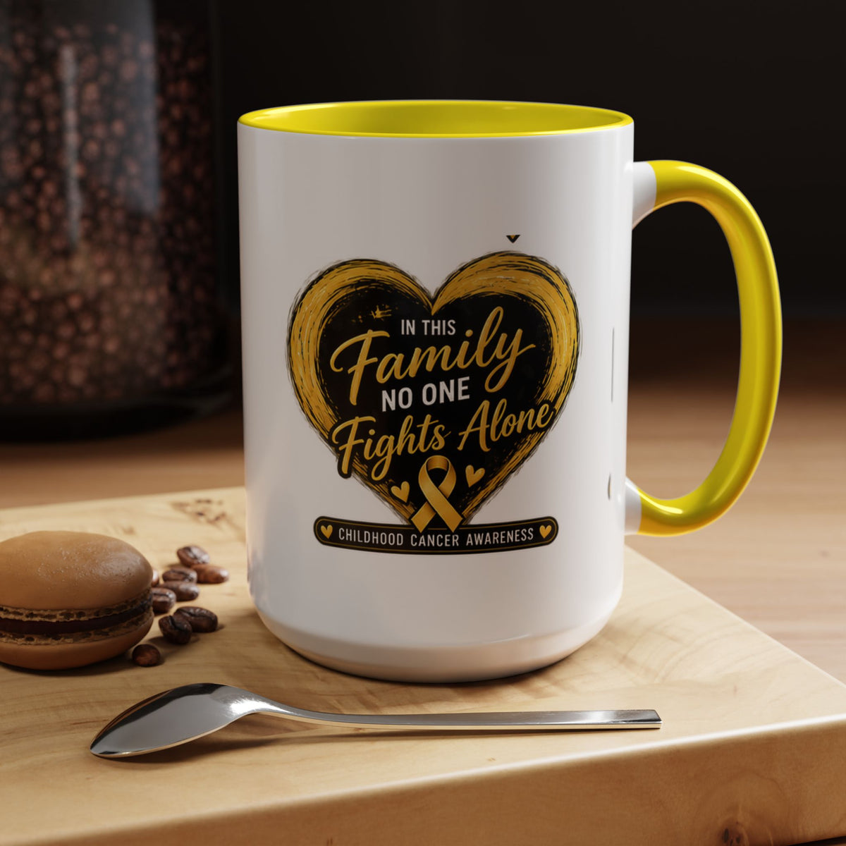 Childhood Cancer Awareness Accent Coffee Mug — "In This Family No One Fights Alone"