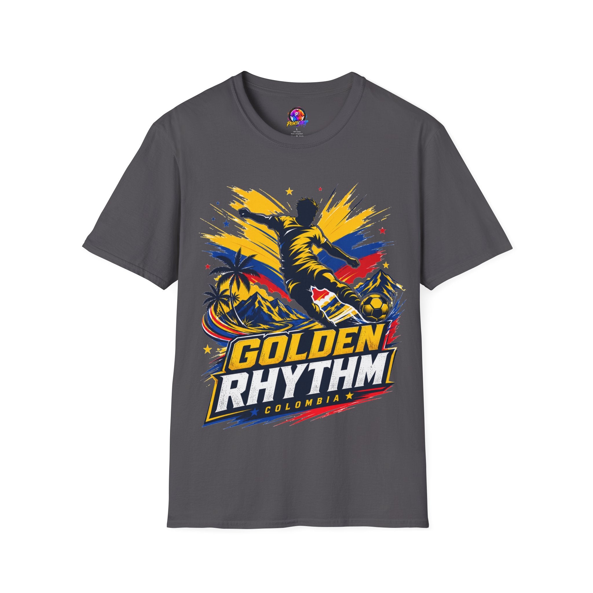 Columbia Soccer Player Graphic T-Shirt — "Golden Rhythm" Vibrant Beach Soccer Tee