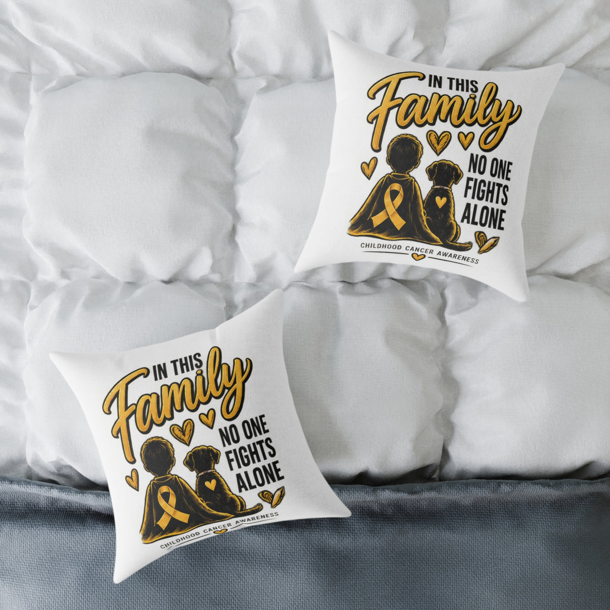 Childhood Cancer Awareness Square Pillow — "In This Family No One Fights Alone"