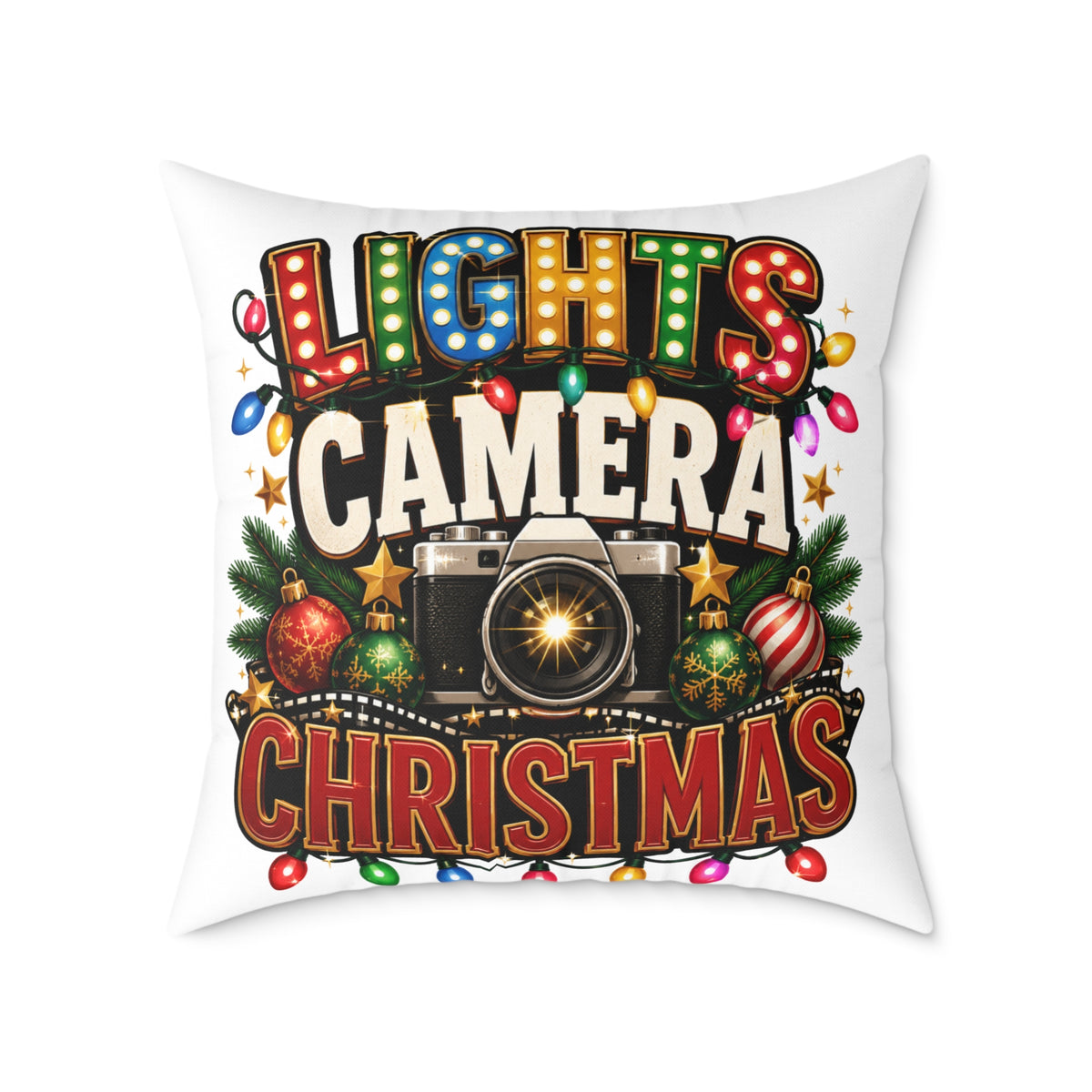 Christmas Photo Pillow - "Lights Camera Christmas" Decorative Square Throw Pillow