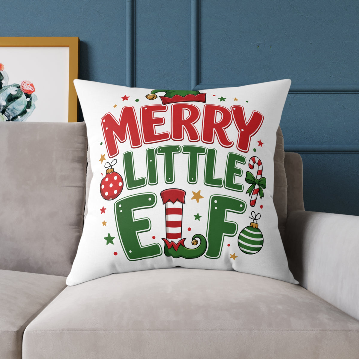 Christmas Merry Little Elf Square Pillow — Festive Christmas Holiday Decorative Cushion