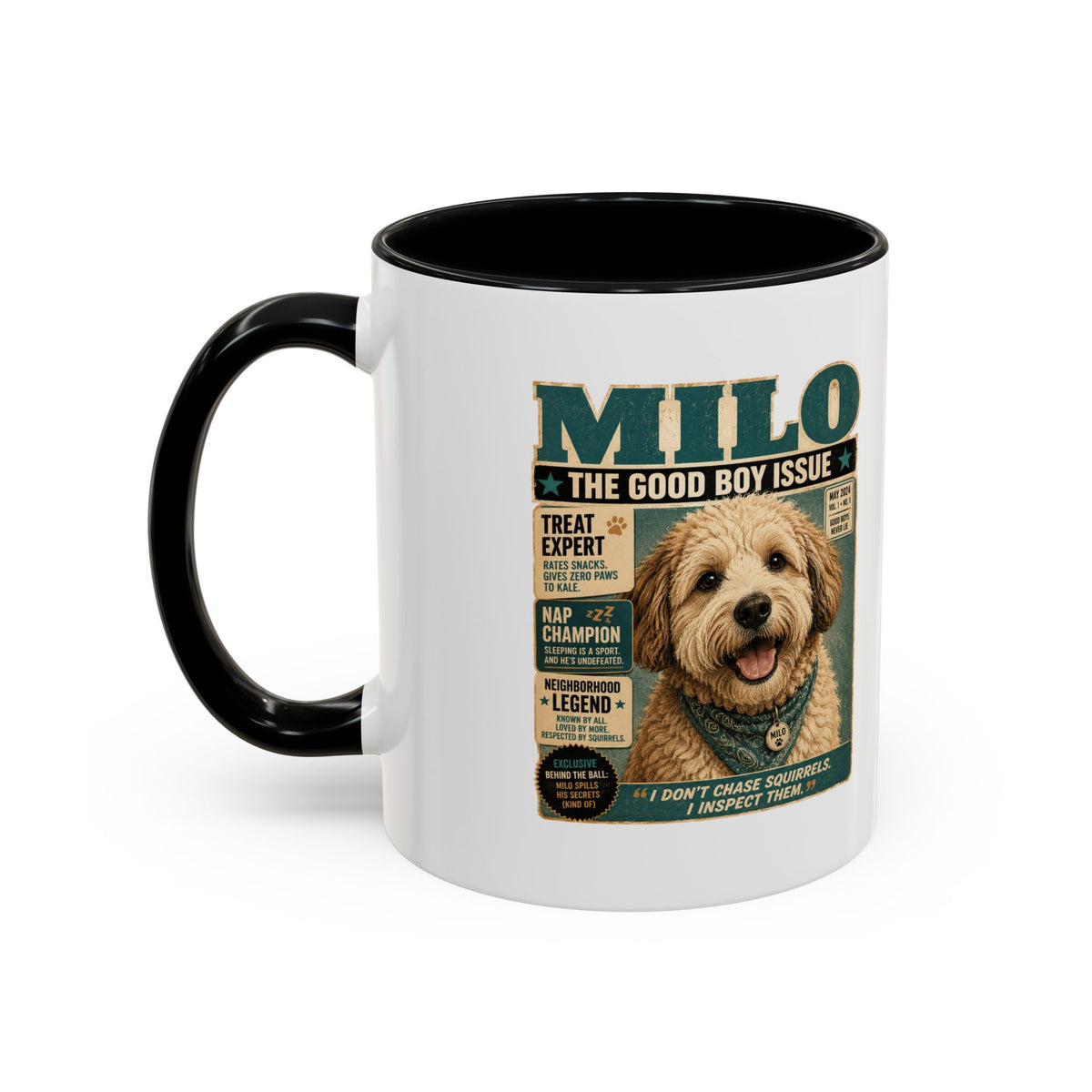 Milo Bailey Dog Dad Mom Milo 'The Good Boy Issue' Accent Coffee Mug – Cute Dog Magazine Cover Design