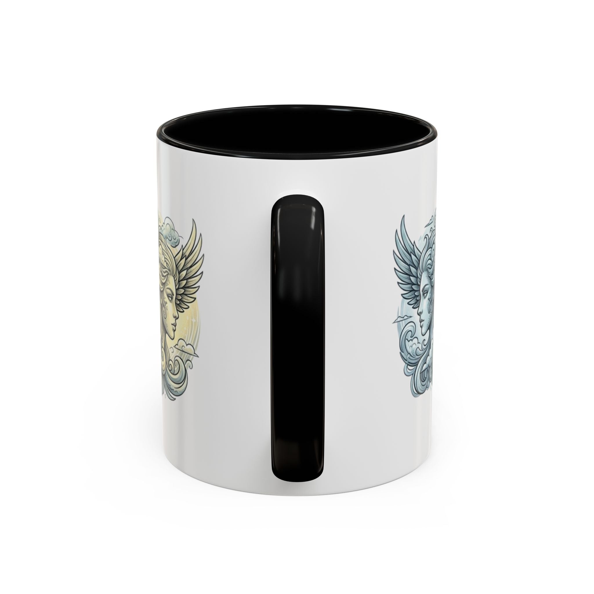 Gemini Twins Accent Coffee Mug — Sun & Moon Winged Faces Illustration