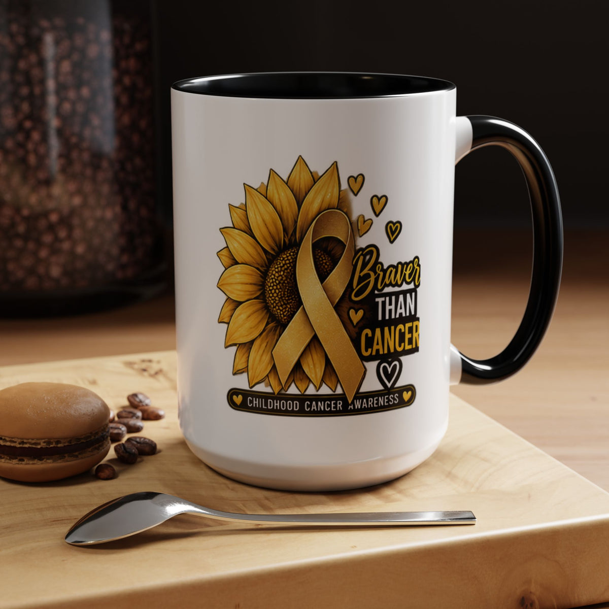 Childhood Cancer Awareness Mug — "Braver Than Cancer" Sunflower & Gold Ribbon