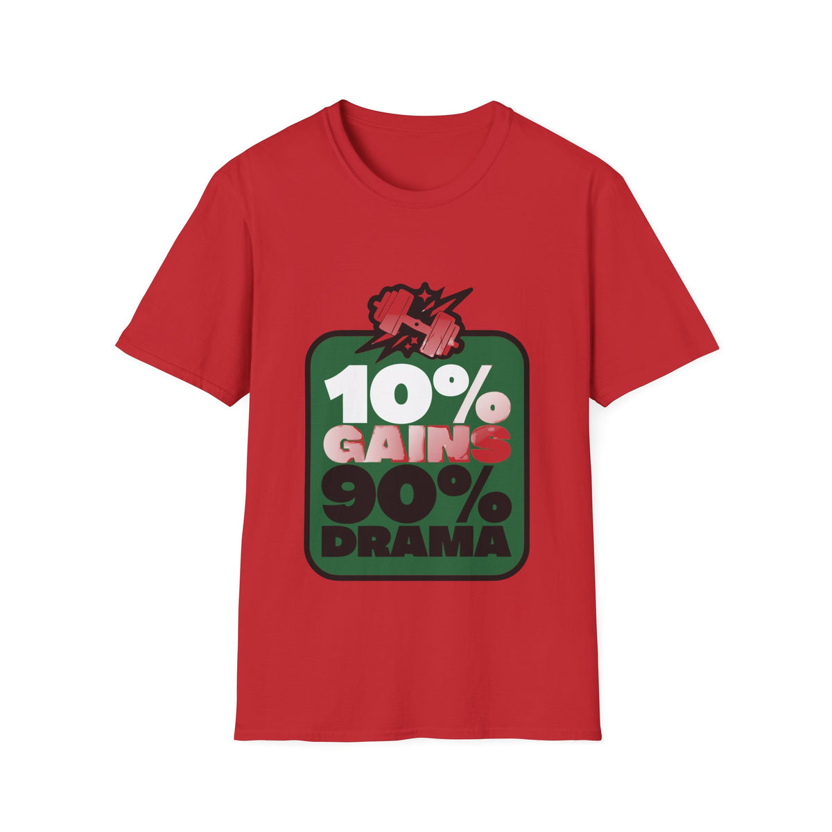 10% Gains 90% Drama Green Badge T-Shirt - Retro Gym Block Graphic Tee - Trending Now - September 2026