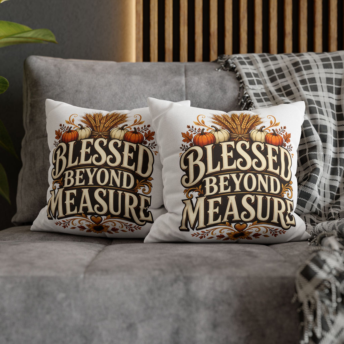 Thanksgiving Blessed Beyond Measure Fall Pillowcase — Autumn Pumpkin & Wheat Decorative Pillow